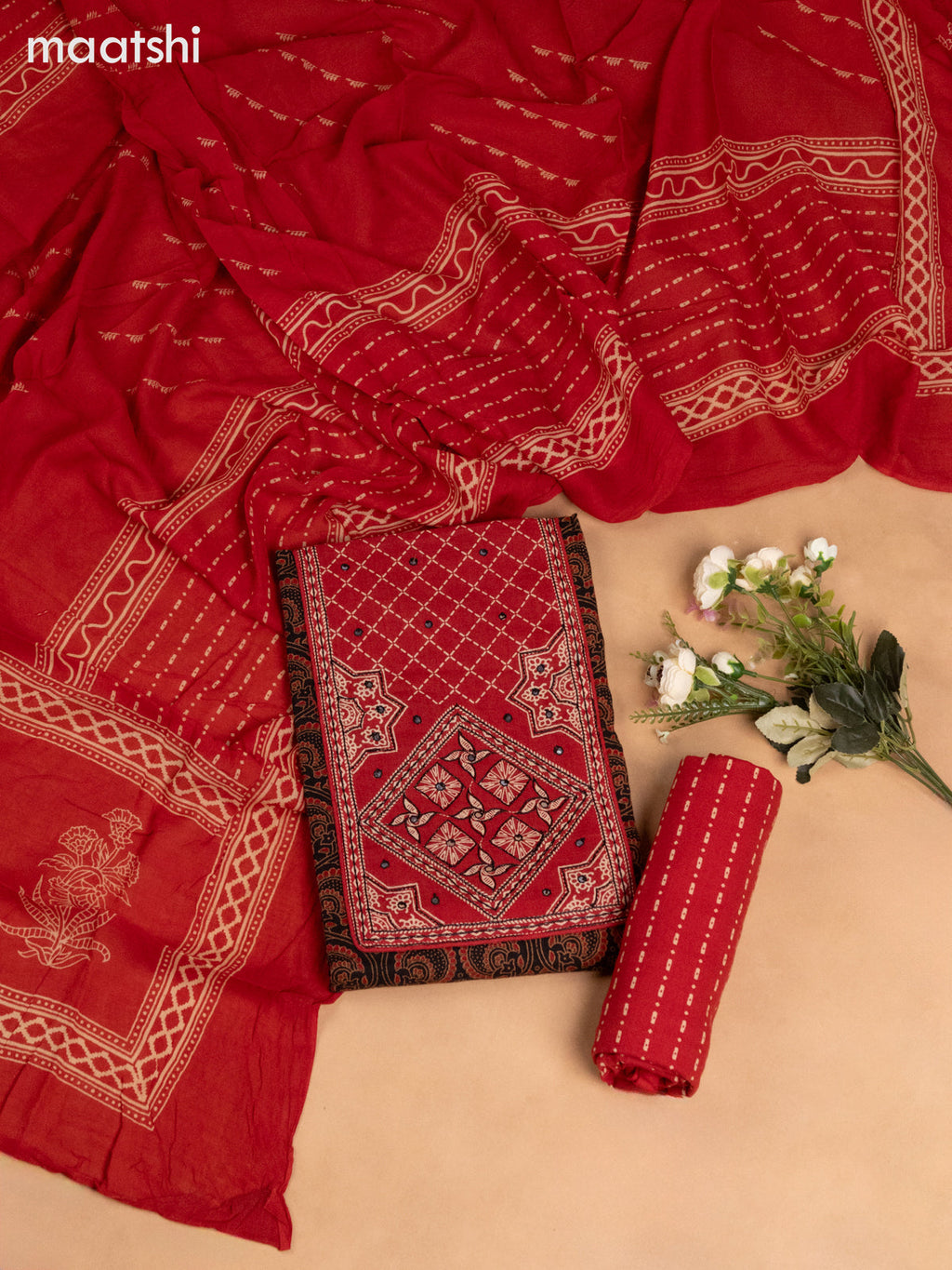 Cotton dress material black and maroon with ajrakh prints & patch work neck pattern and bottom & dupatta