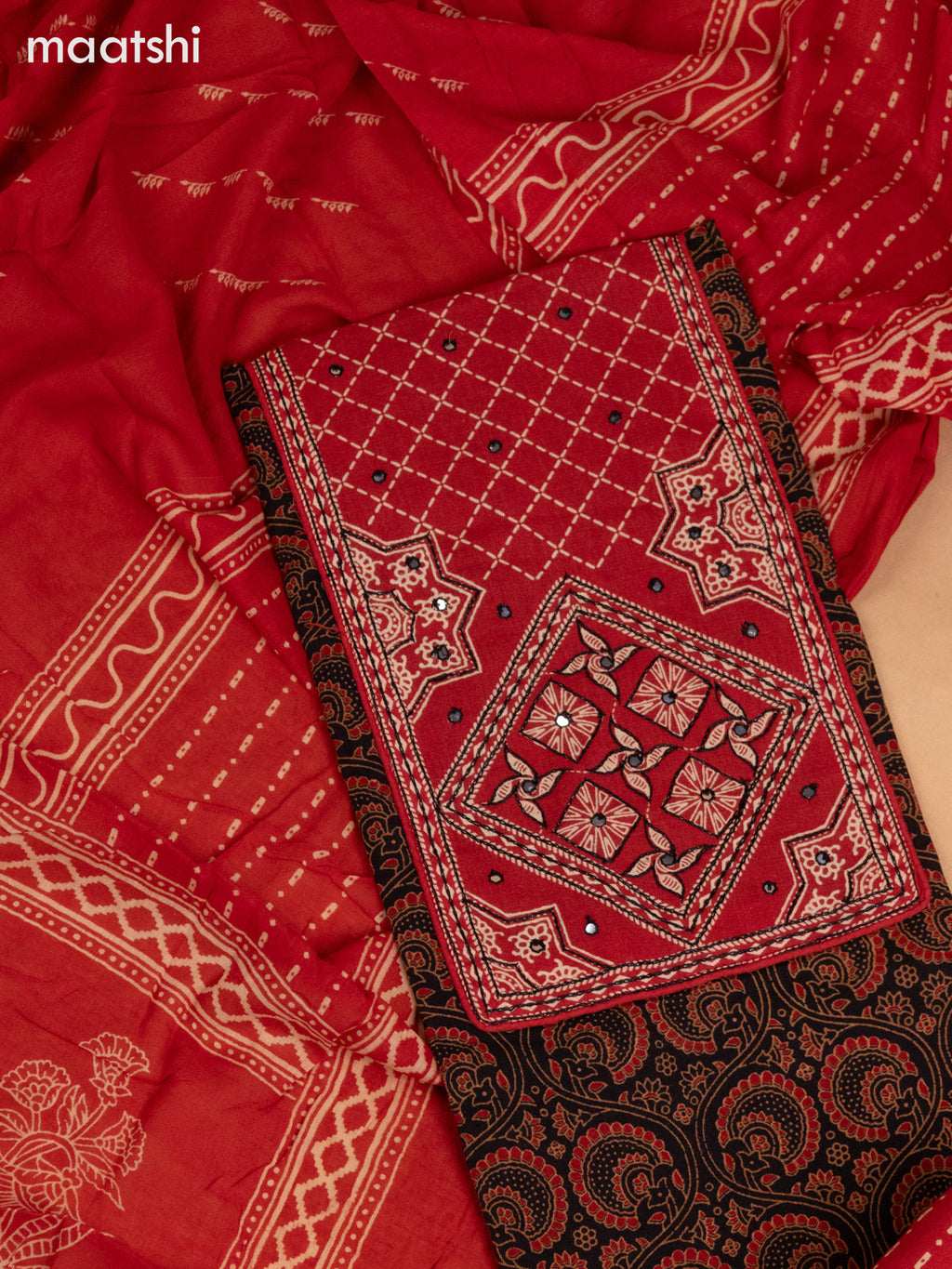 Cotton dress material black and maroon with ajrakh prints & patch work neck pattern and bottom & dupatta