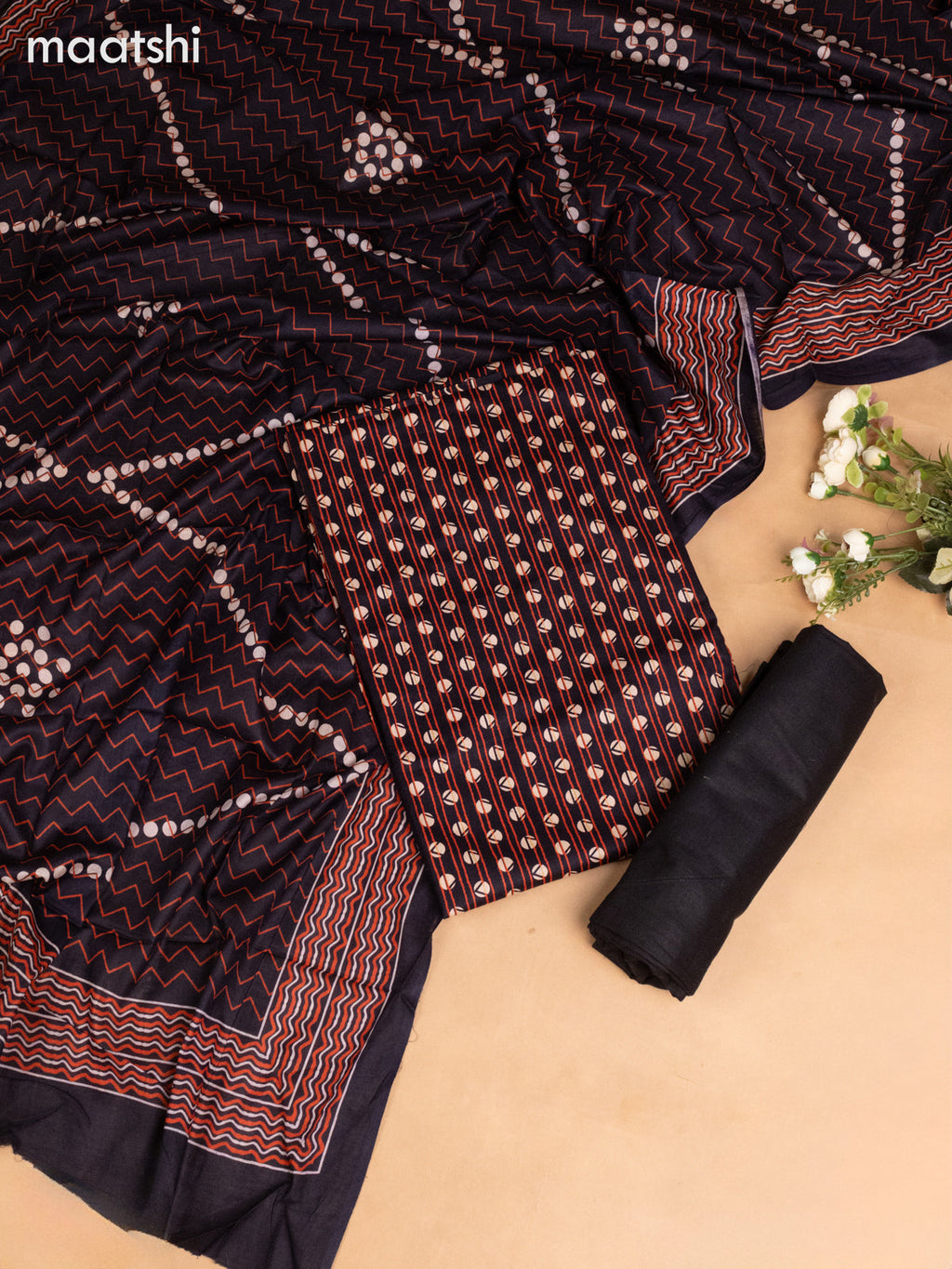 Cotton dress material black with allover prints and bottom & dupatta