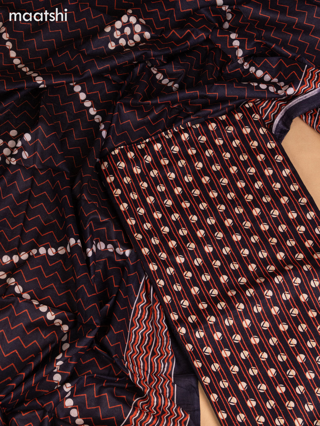 Cotton dress material black with allover prints and bottom & dupatta