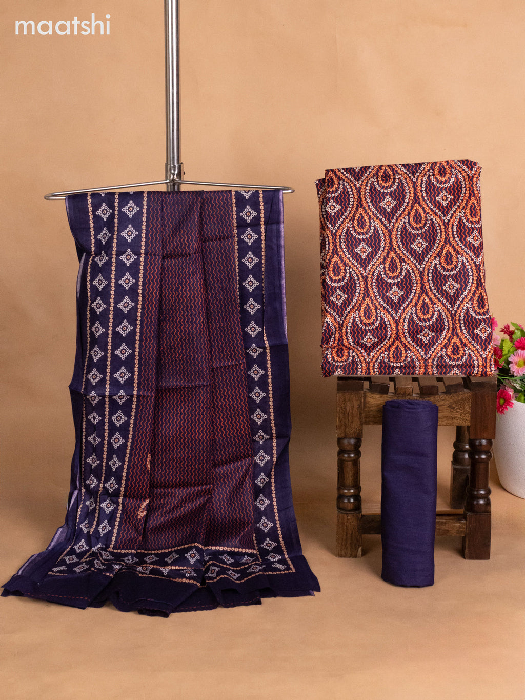 Cotton dress material navy blue with allover bandhini prints and bottom & dupatta