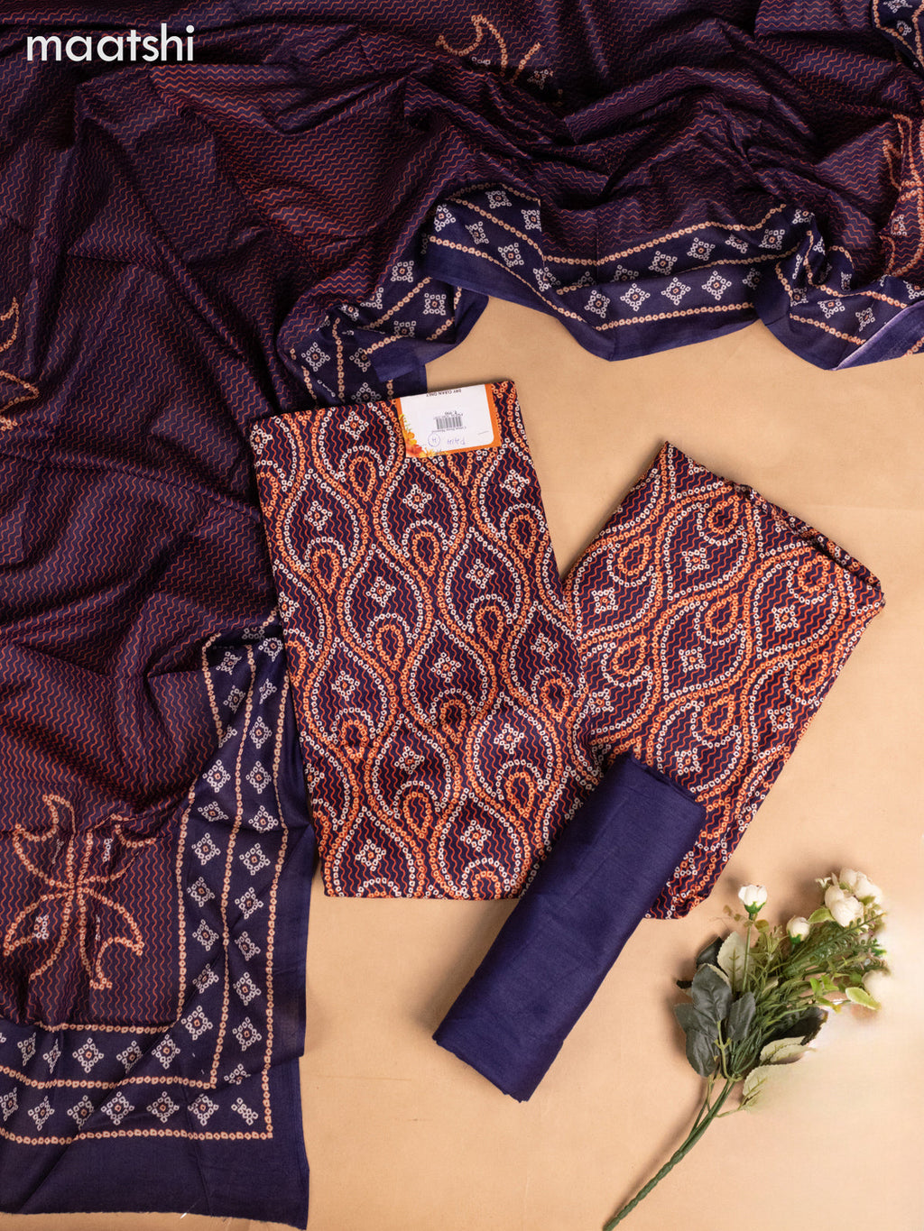 Cotton dress material navy blue with allover bandhini prints and bottom & dupatta
