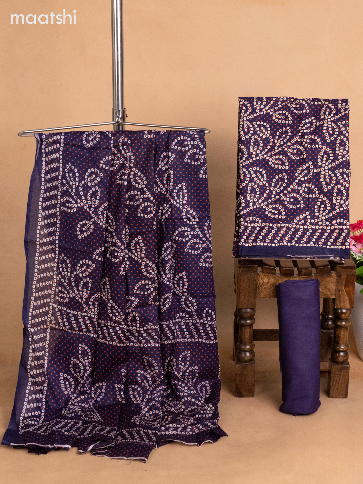 Cotton dress material navy blue with allover bandhini prints and bottom & dupatta