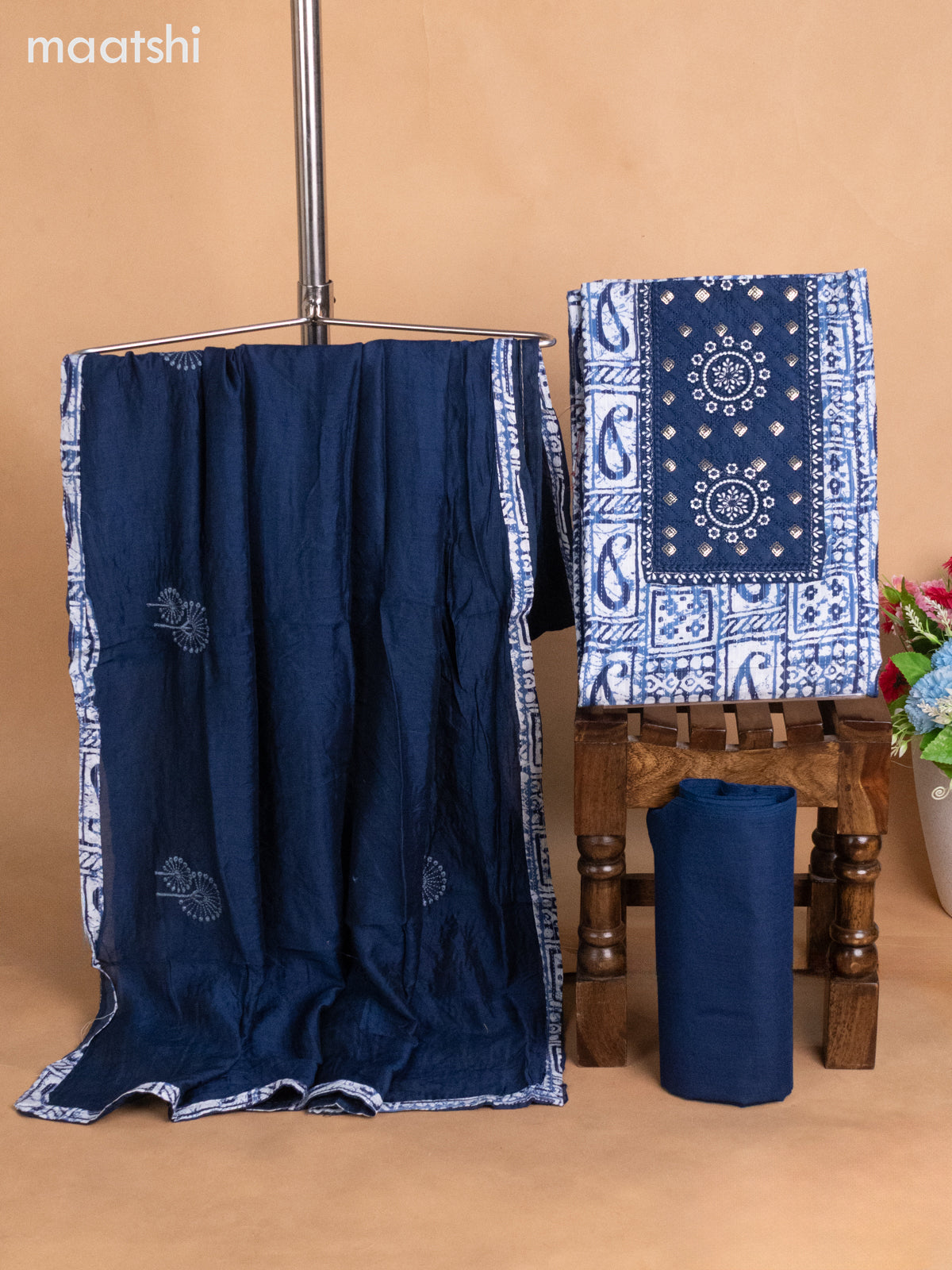 Cotton dress material indigo blue with allover batik prints & embroidery sequin work neck pattern and bottom & dupatta