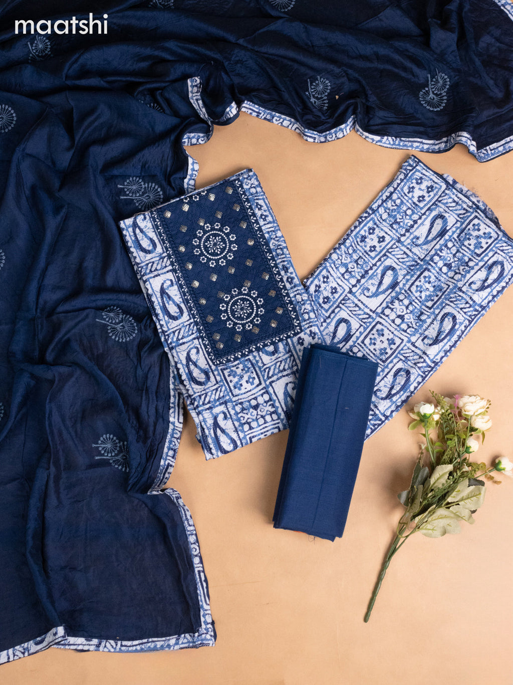 Cotton dress material indigo blue with allover batik prints & embroidery sequin work neck pattern and bottom & dupatta