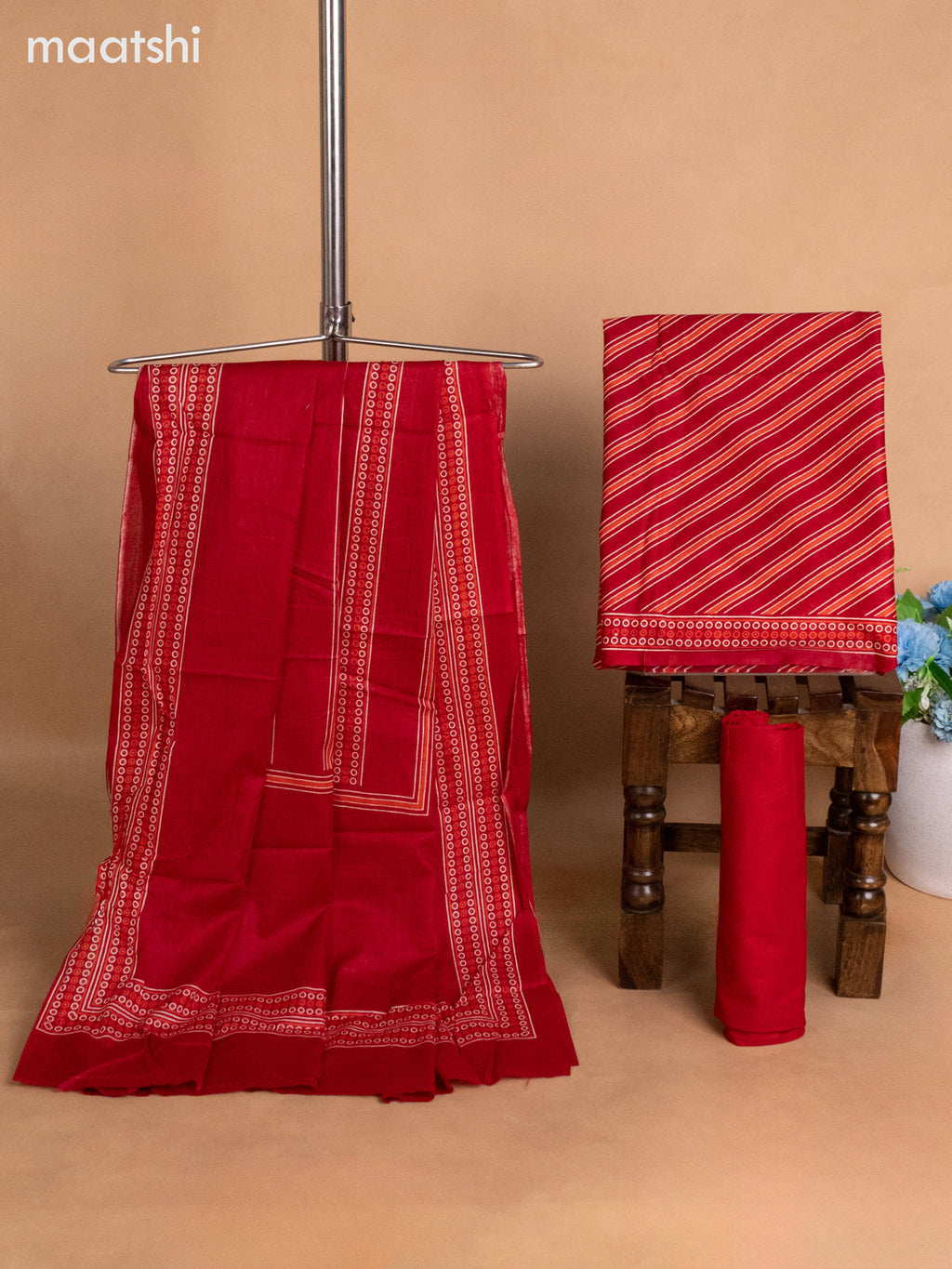 Cotton dress material maroon with allover prints and bottom & dupatta