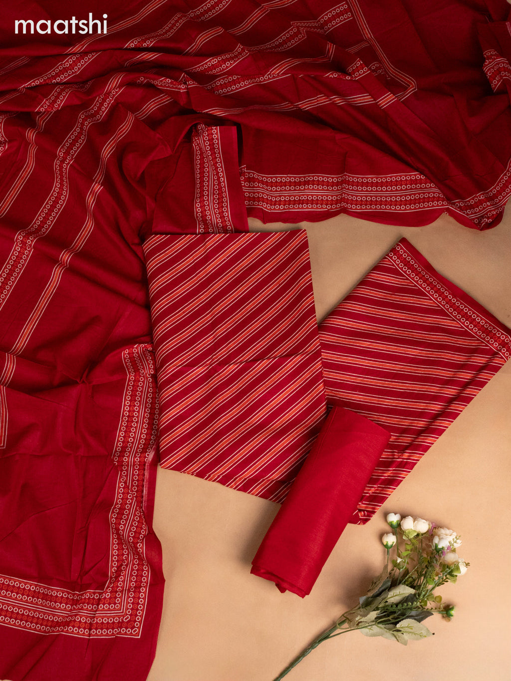 Cotton dress material maroon with allover prints and bottom & dupatta