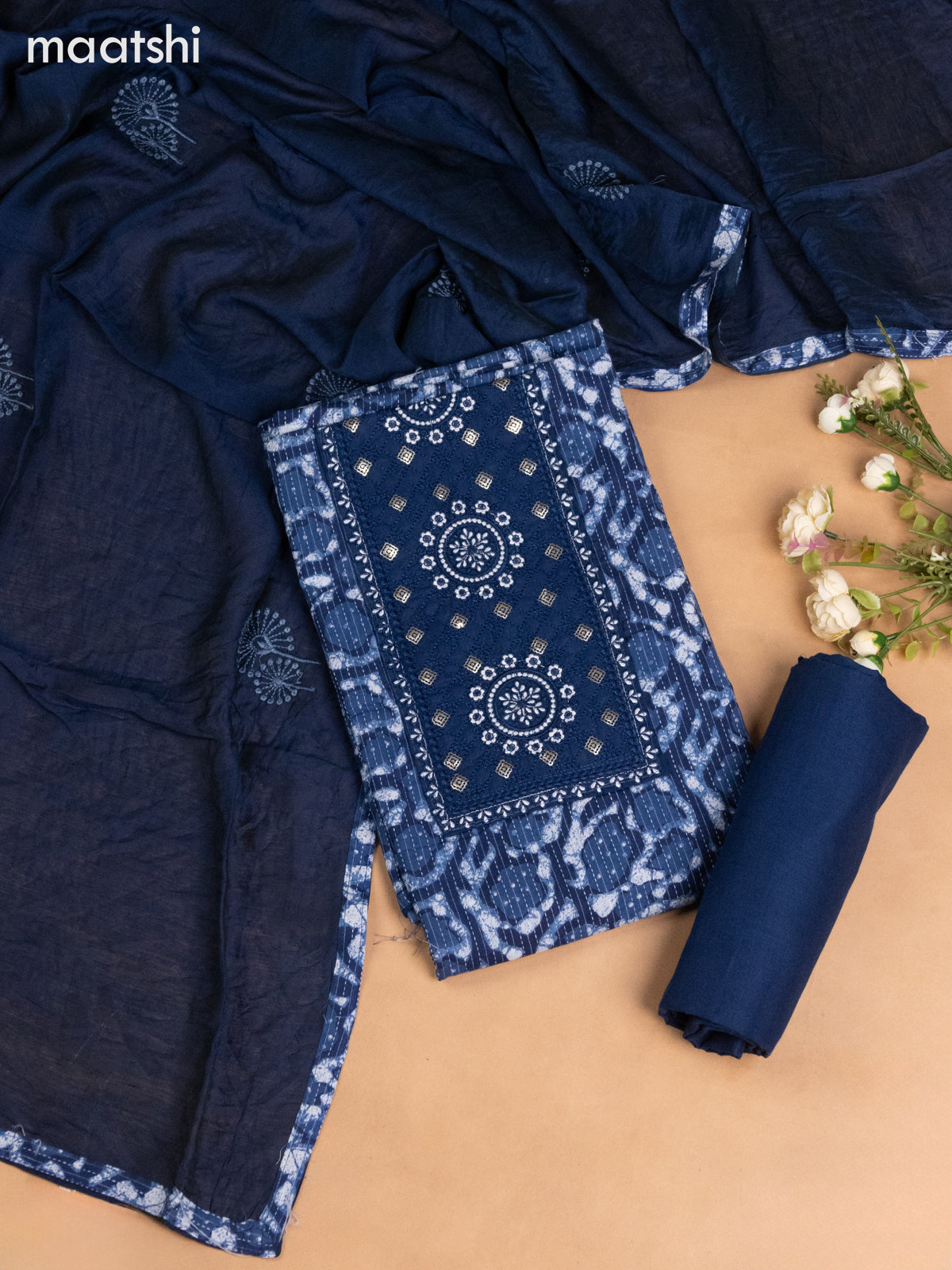 Cotton dress material indigo blue with allover batik prints & embroidery sequin work neck pattern and bottom & dupatta