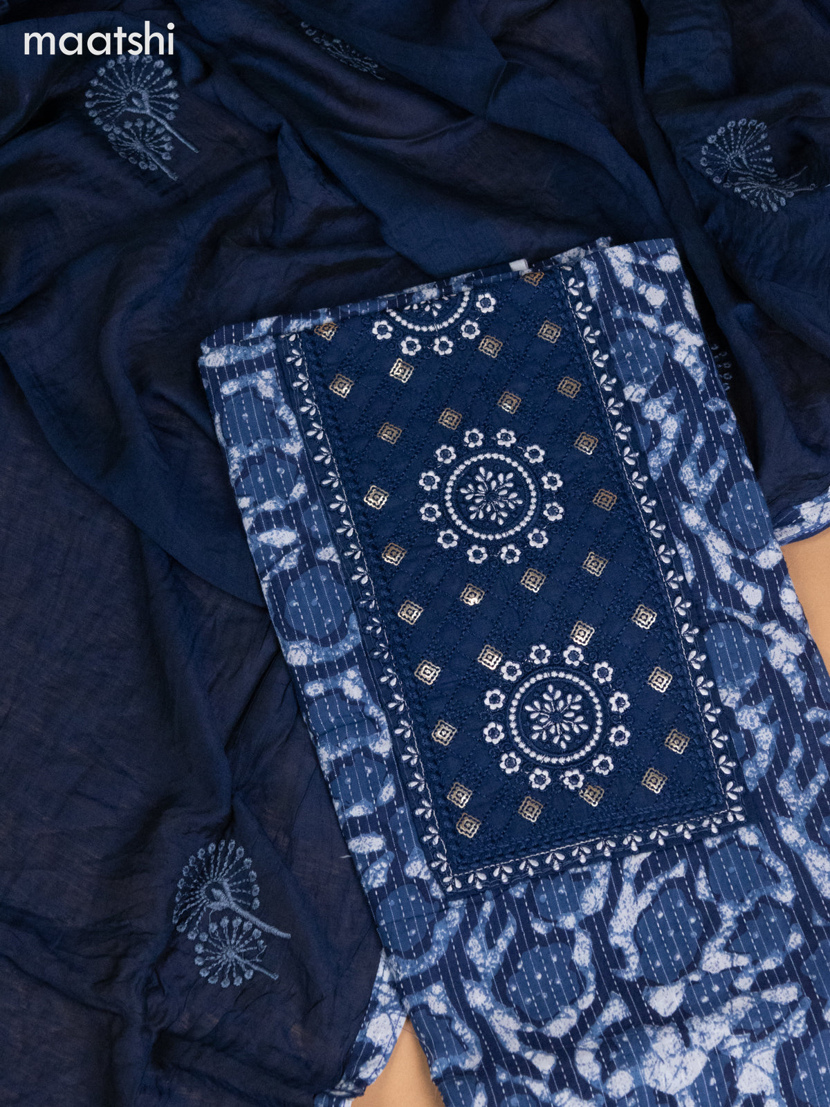 Cotton dress material indigo blue with allover batik prints & embroidery sequin work neck pattern and bottom & dupatta