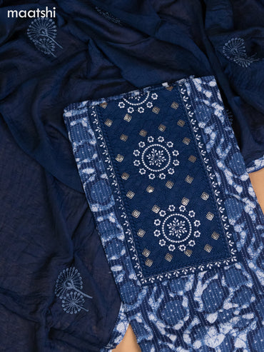 Cotton dress material indigo blue with allover batik prints & embroidery sequin work neck pattern and bottom & dupatta