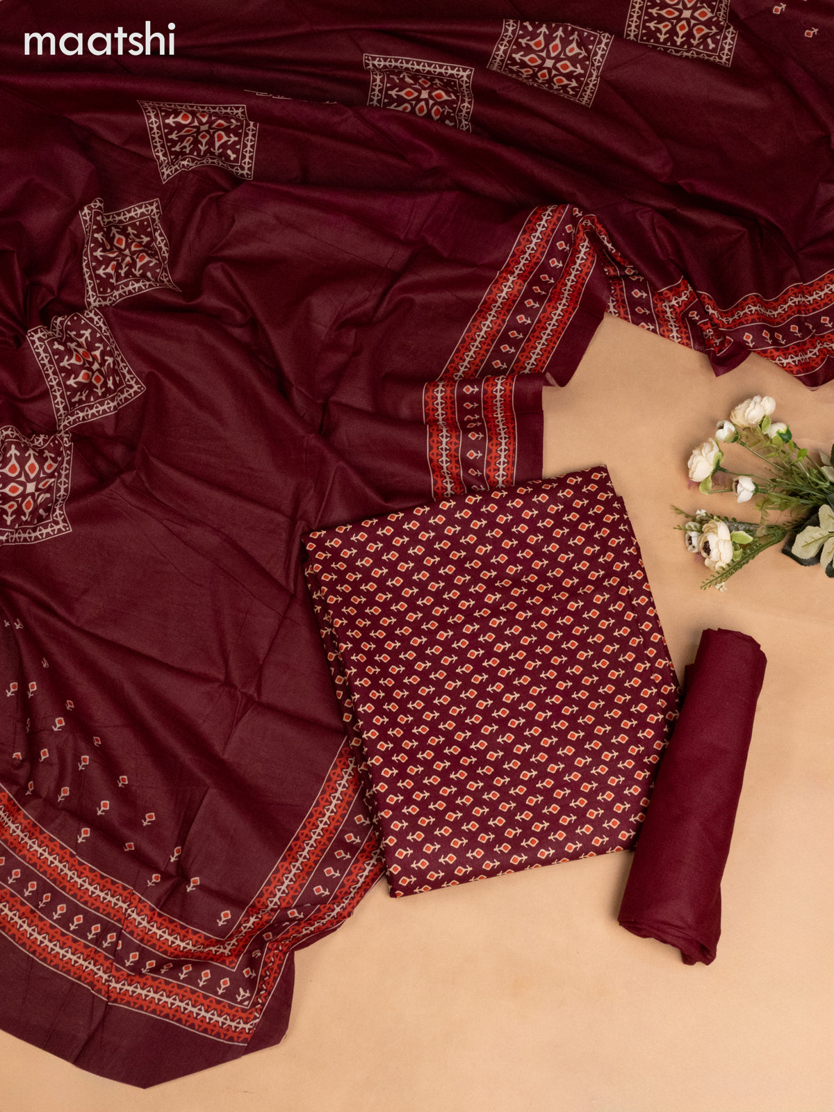 Cotton dress material deep maroon with allover butta prints and bottom & dupatta