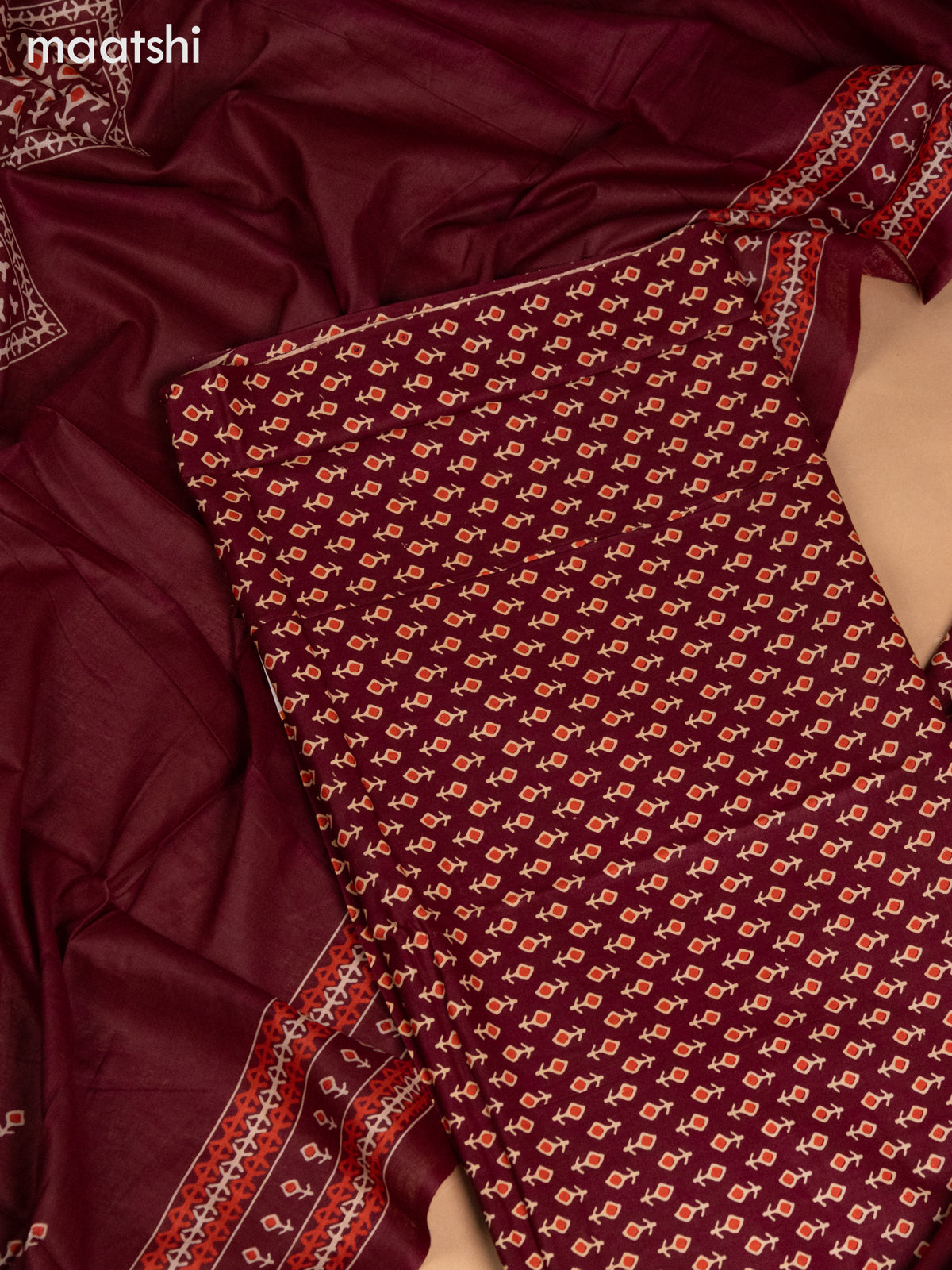 Cotton dress material deep maroon with allover butta prints and bottom & dupatta