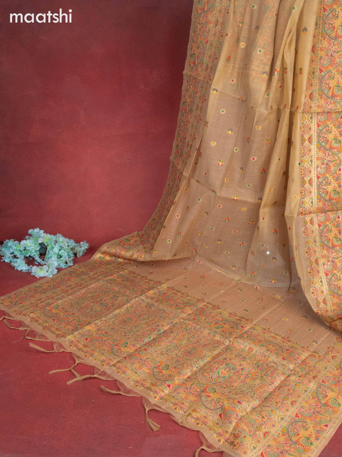Munga cotton dress material sandal with woven buttas & beaded zardosi work neck pattern and bottom & thread zari dupatta