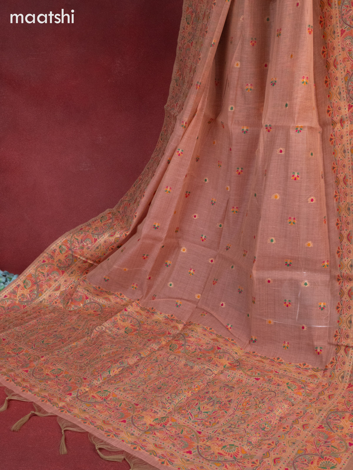 Munga cotton dress material peach shade with woven buttas & beaded zardosi work neck pattern and bottom & thread zari dupatta