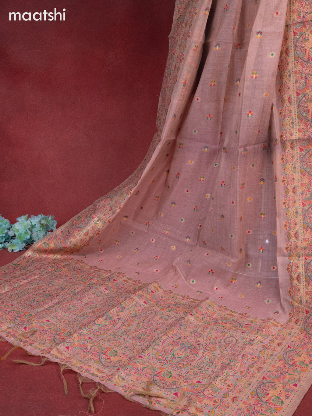 Munga cotton dress material peach pink with woven buttas & beaded zardosi work neck pattern and bottom & thread zari dupatta