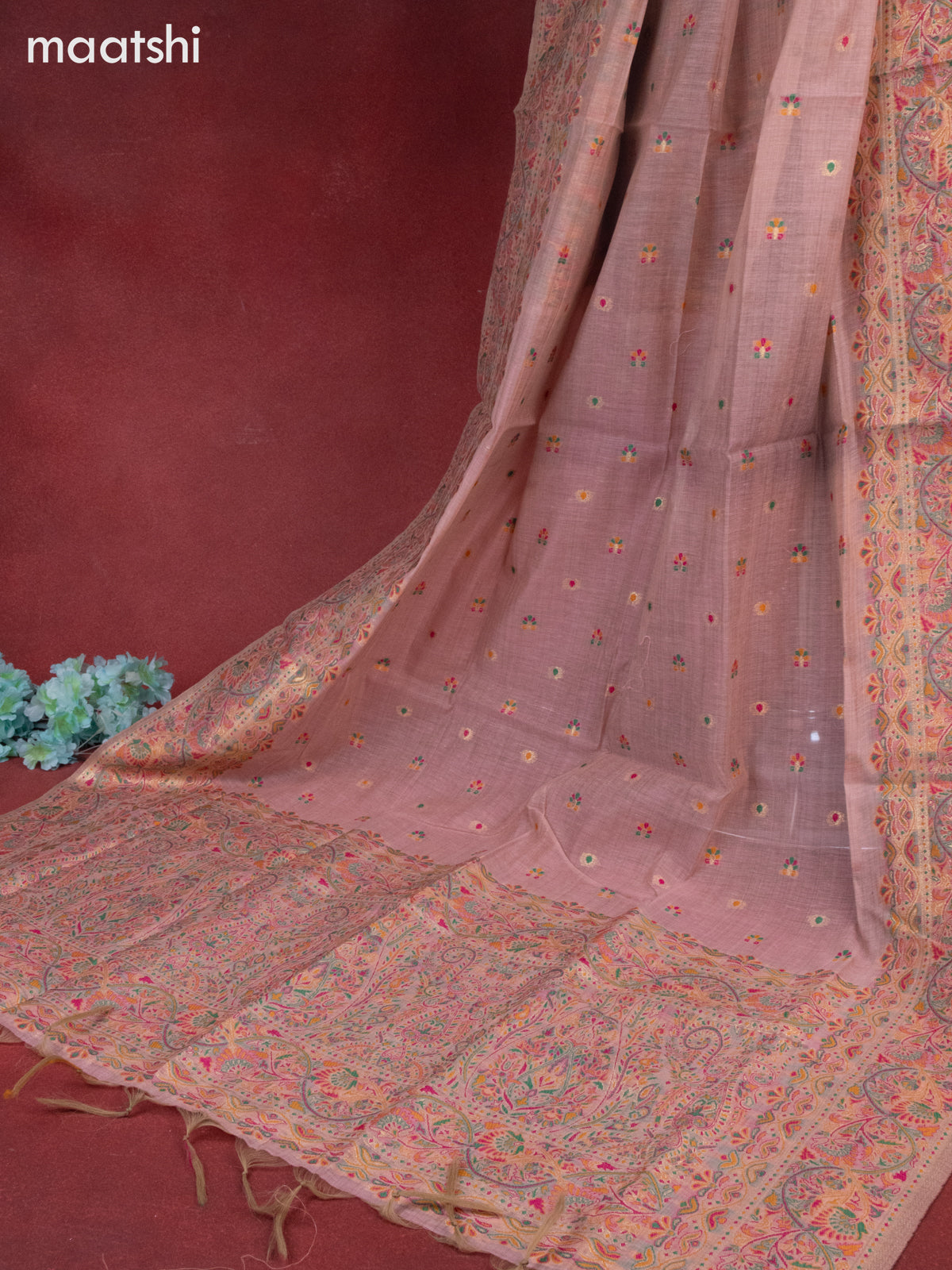 Munga cotton dress material peach pink with woven buttas & beaded zardosi work neck pattern and bottom & thread zari dupatta
