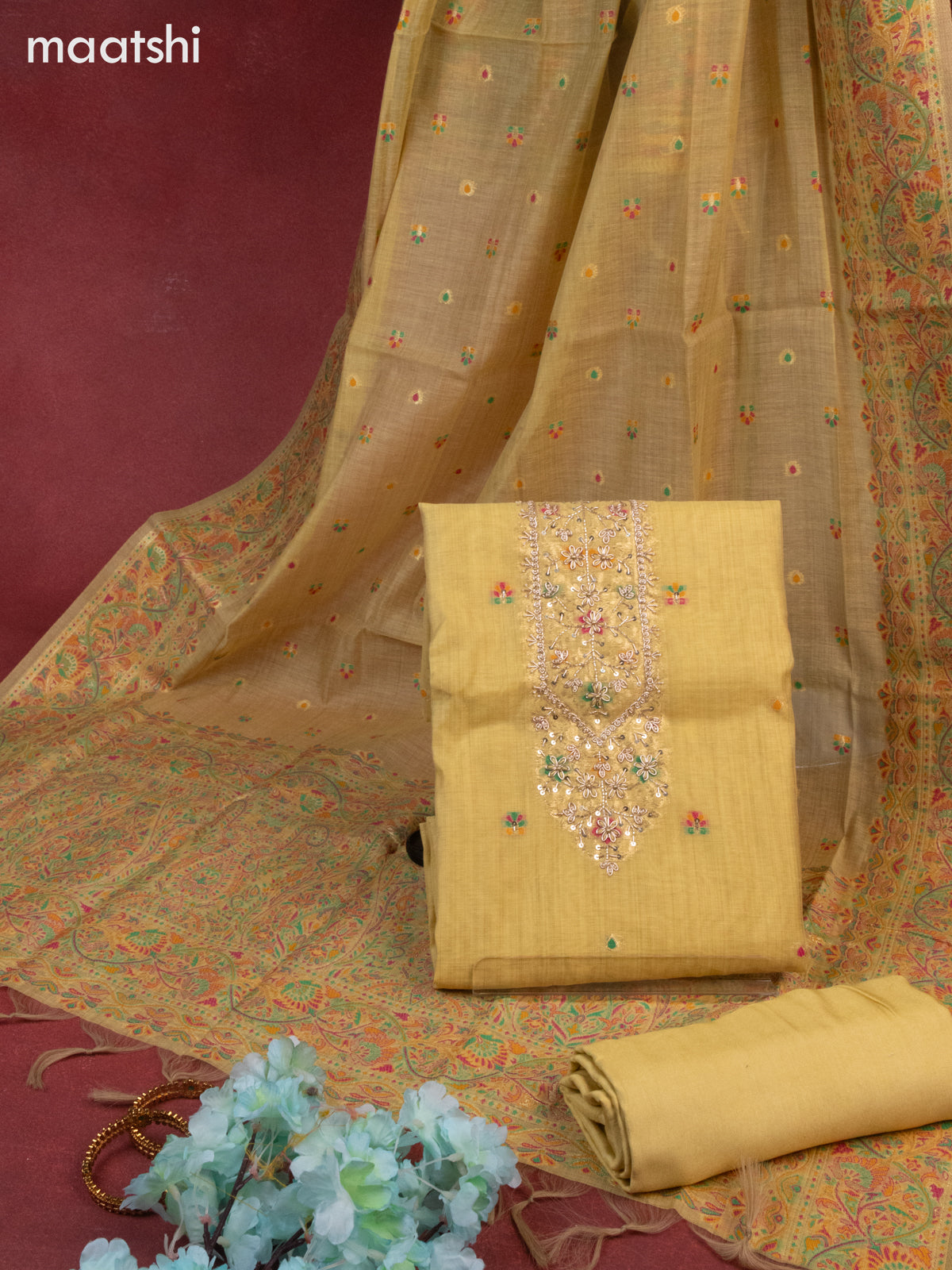 Munga cotton dress material pale yellow with woven buttas & beaded zardosi work neck pattern and bottom & thread zari dupatta