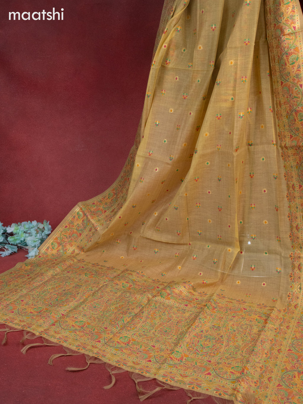 Munga cotton dress material pale yellow with woven buttas & beaded zardosi work neck pattern and bottom & thread zari dupatta