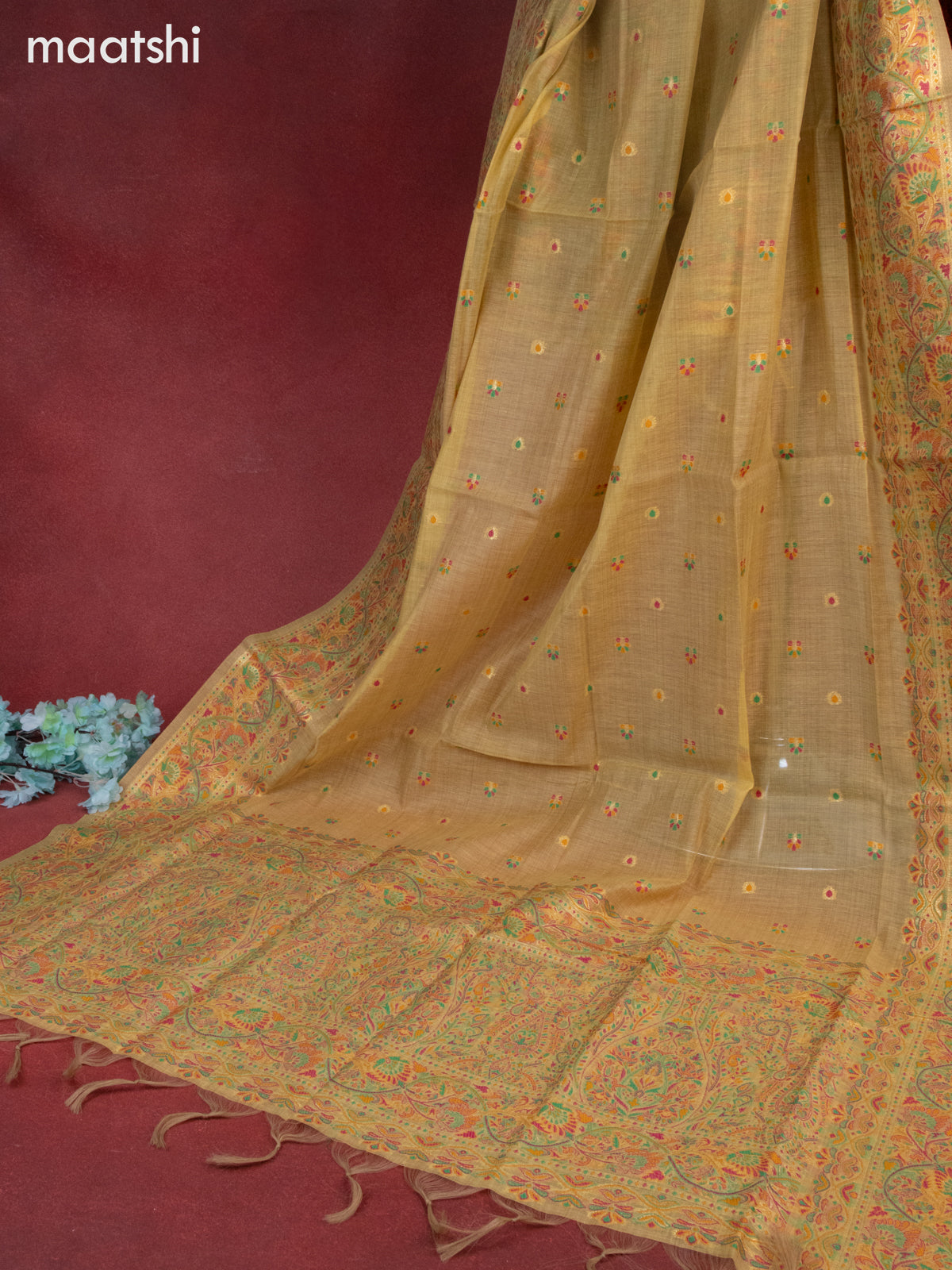 Munga cotton dress material pale yellow with woven buttas & beaded zardosi work neck pattern and bottom & thread zari dupatta