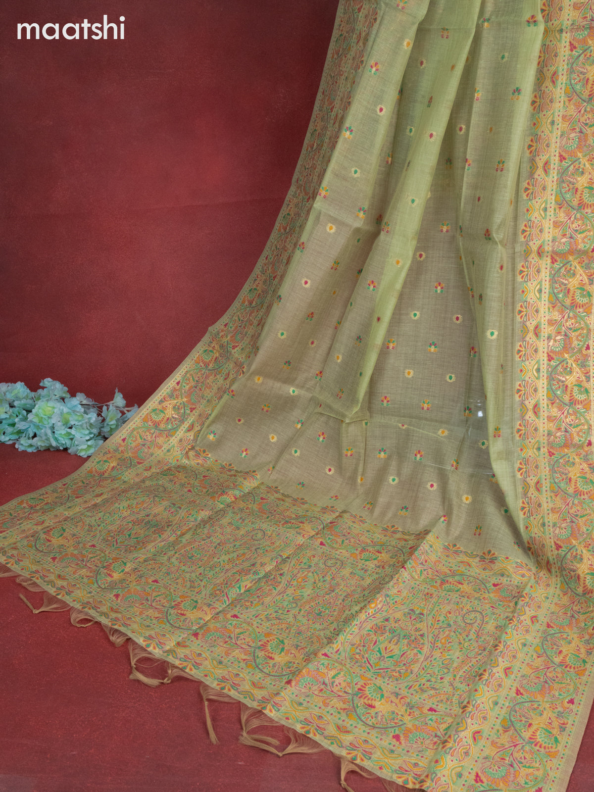 Munga cotton dress material green with woven buttas & beaded zardosi work neck pattern and bottom & thread zari dupatta