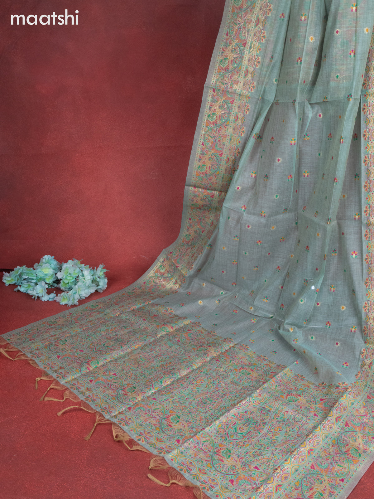 Munga cotton dress material teal shade with woven buttas & beaded zardosi work neck pattern and bottom & thread zari dupatta