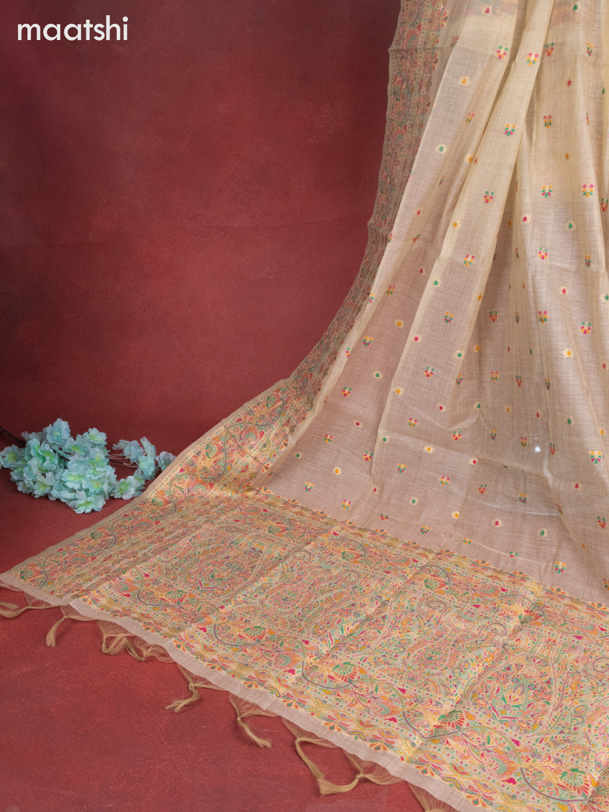 Munga cotton dress material beige with woven buttas & beaded zardosi work neck pattern and bottom & thread zari dupatta