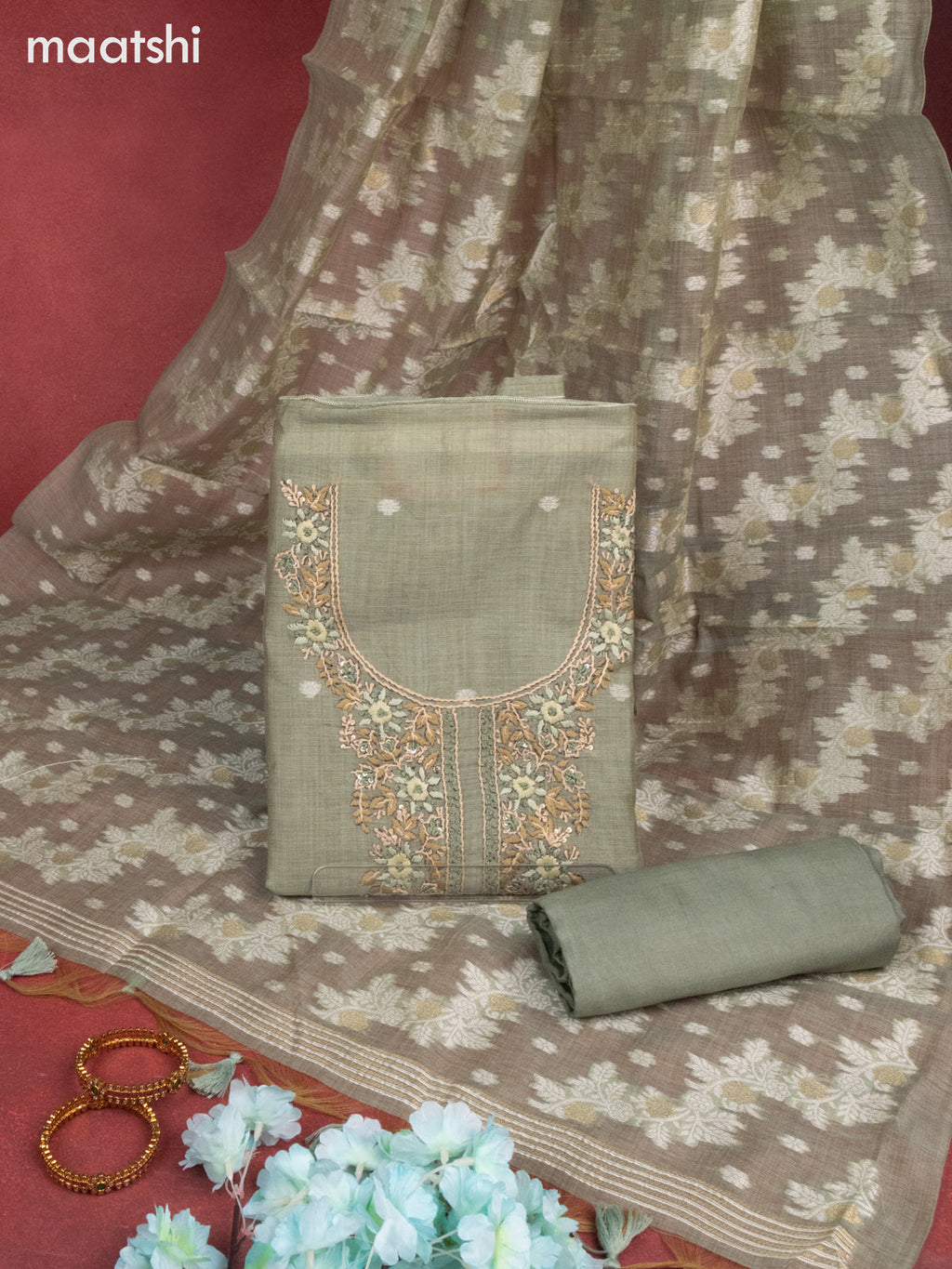 Chanderi dress material pastel green with thread buttas & sequin embroidery work neck pattern and bottom & thread zari dupatta