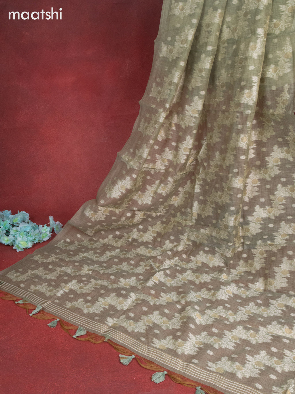 Chanderi dress material pastel green with thread buttas & sequin embroidery work neck pattern and bottom & thread zari dupatta