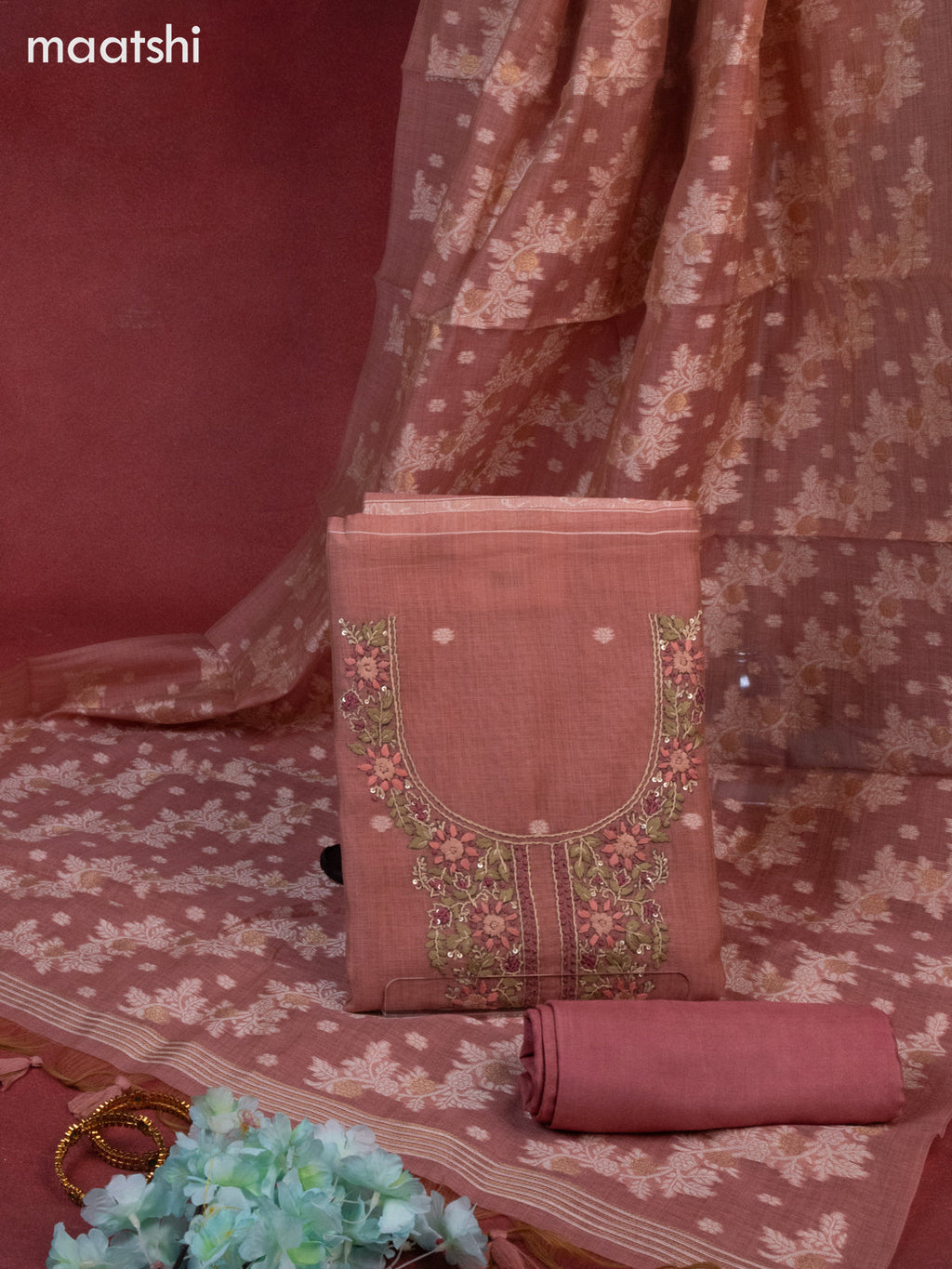 Chanderi dress material dark peach with thread buttas & sequin embroidery work neck pattern and bottom & thread zari dupatta