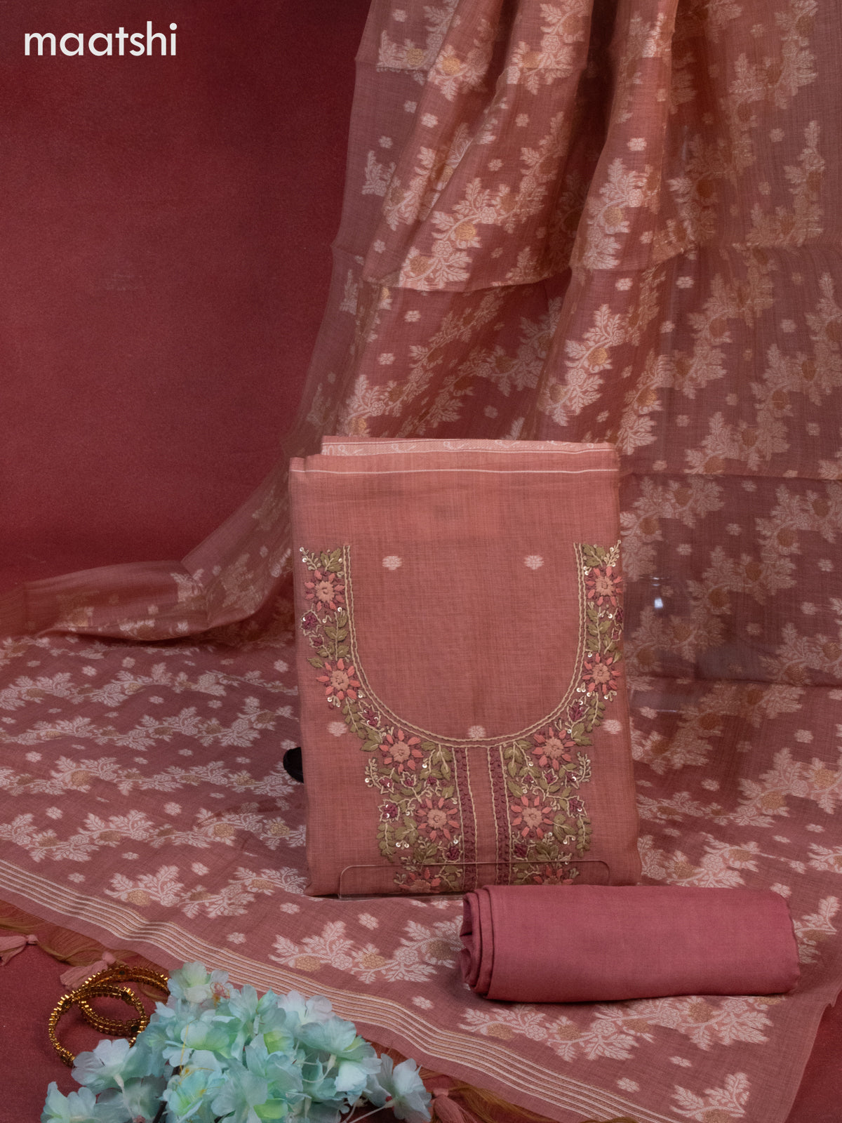 Chanderi dress material dark peach with thread buttas & sequin embroidery work neck pattern and bottom & thread zari dupatta