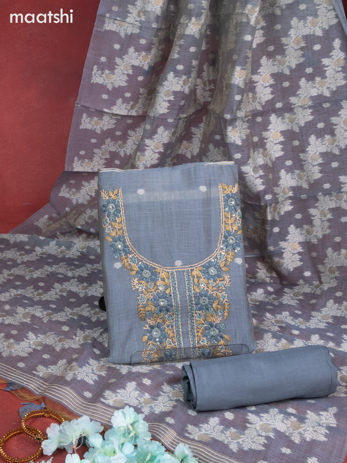 Chanderi dress material greyish blue with thread buttas & sequin embroidery work neck pattern and bottom & thread zari dupatta