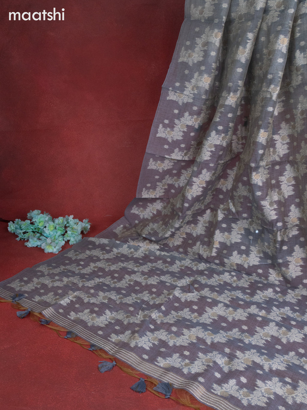 Chanderi dress material greyish blue with thread buttas & sequin embroidery work neck pattern and bottom & thread zari dupatta