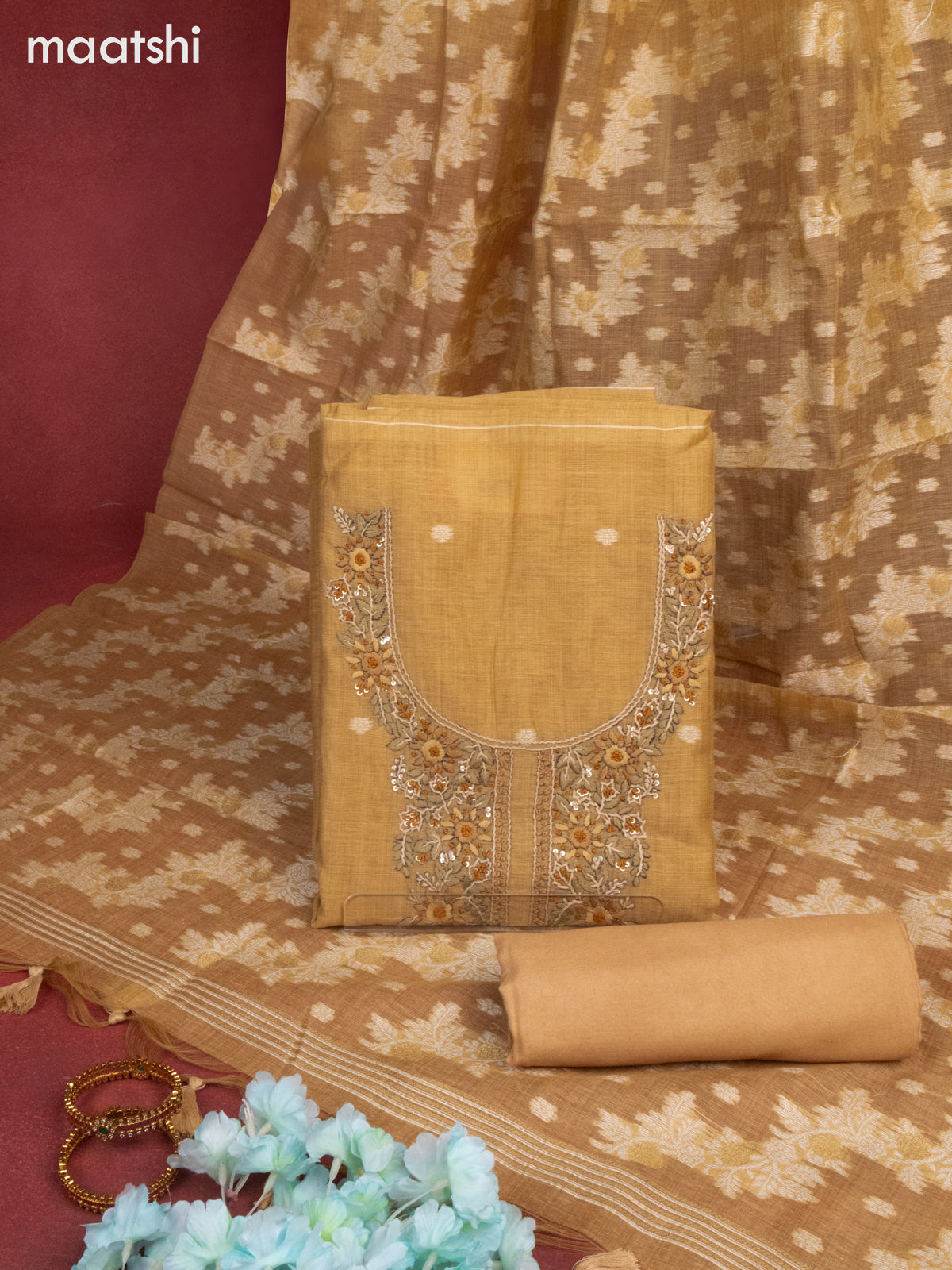 Chanderi dress material dark mustard with thread buttas & sequin embroidery work neck pattern and bottom & thread zari dupatta