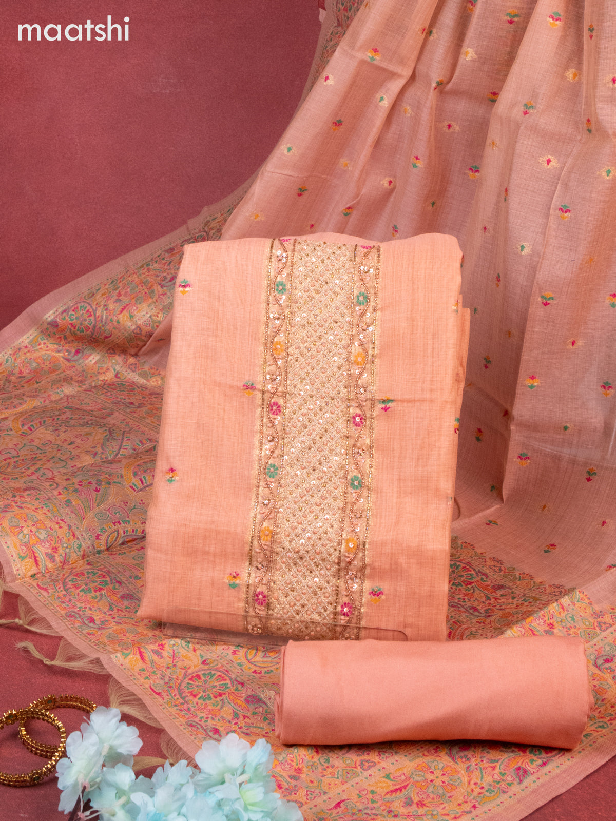 Munga cotton dress material peach shade with woven buttas & beaded sequin work neck pattern and bottom & thread zari dupatta