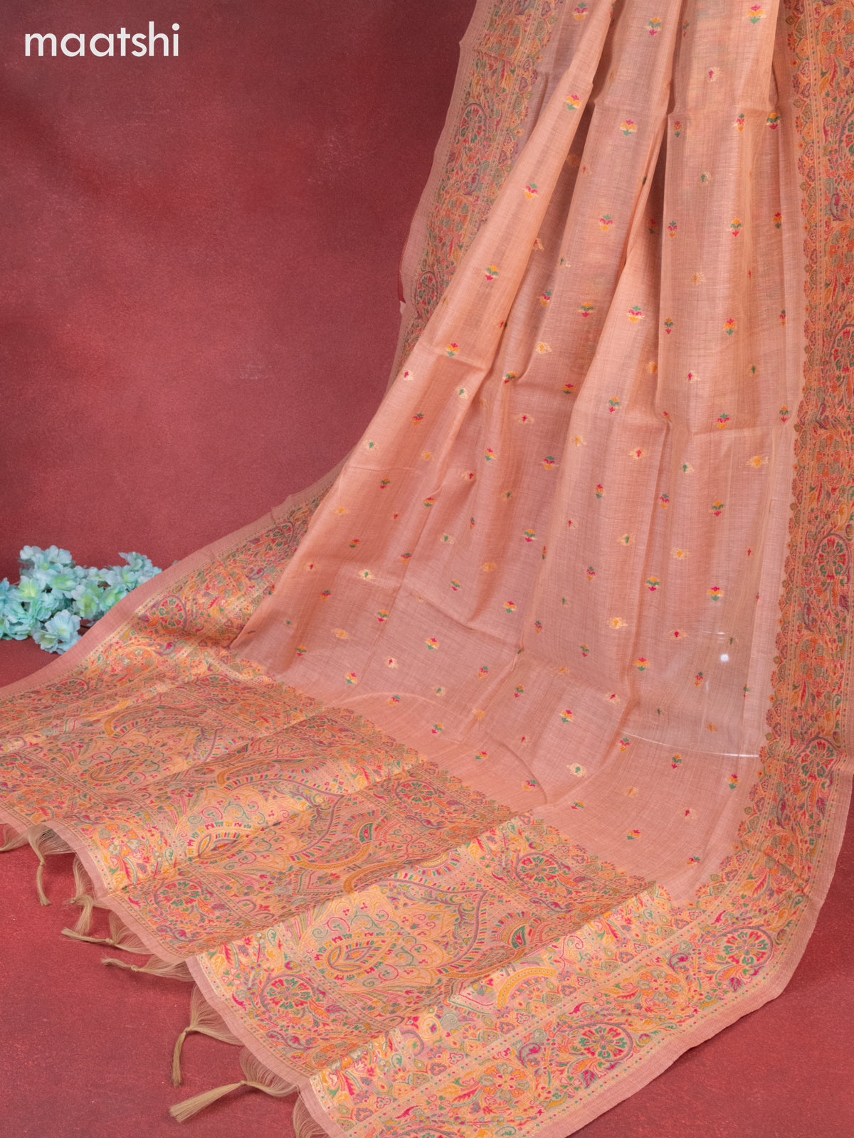 Munga cotton dress material peach shade with woven buttas & beaded sequin work neck pattern and bottom & thread zari dupatta