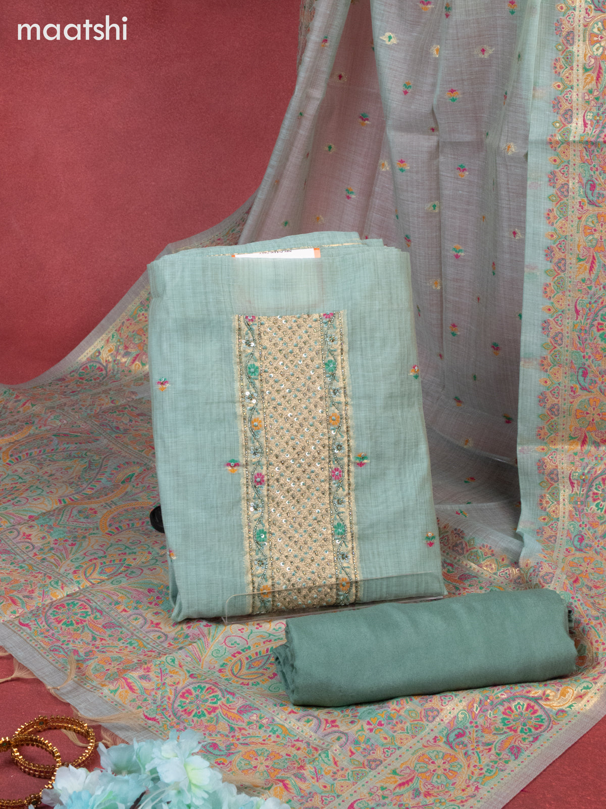 Munga cotton dress material teal green with woven buttas & beaded sequin work neck pattern and bottom & thread zari dupatta