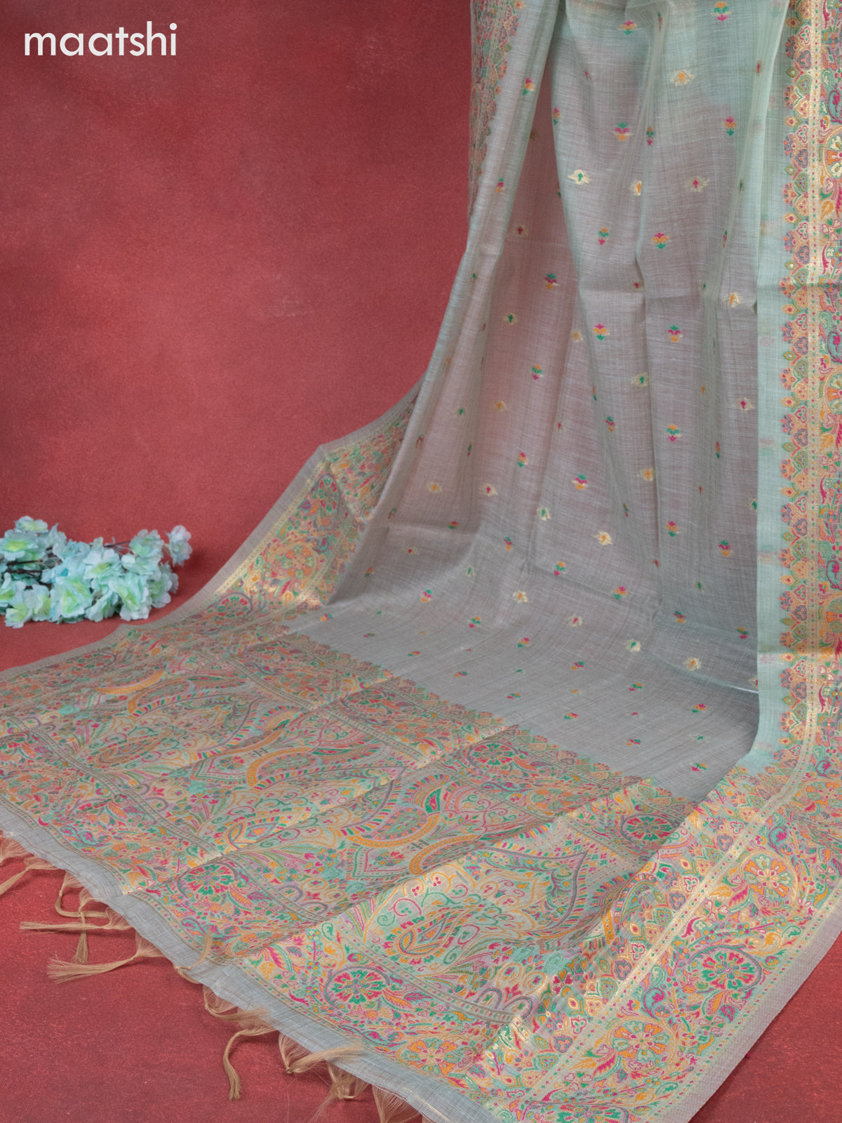 Munga cotton dress material teal green with woven buttas & beaded sequin work neck pattern and bottom & thread zari dupatta