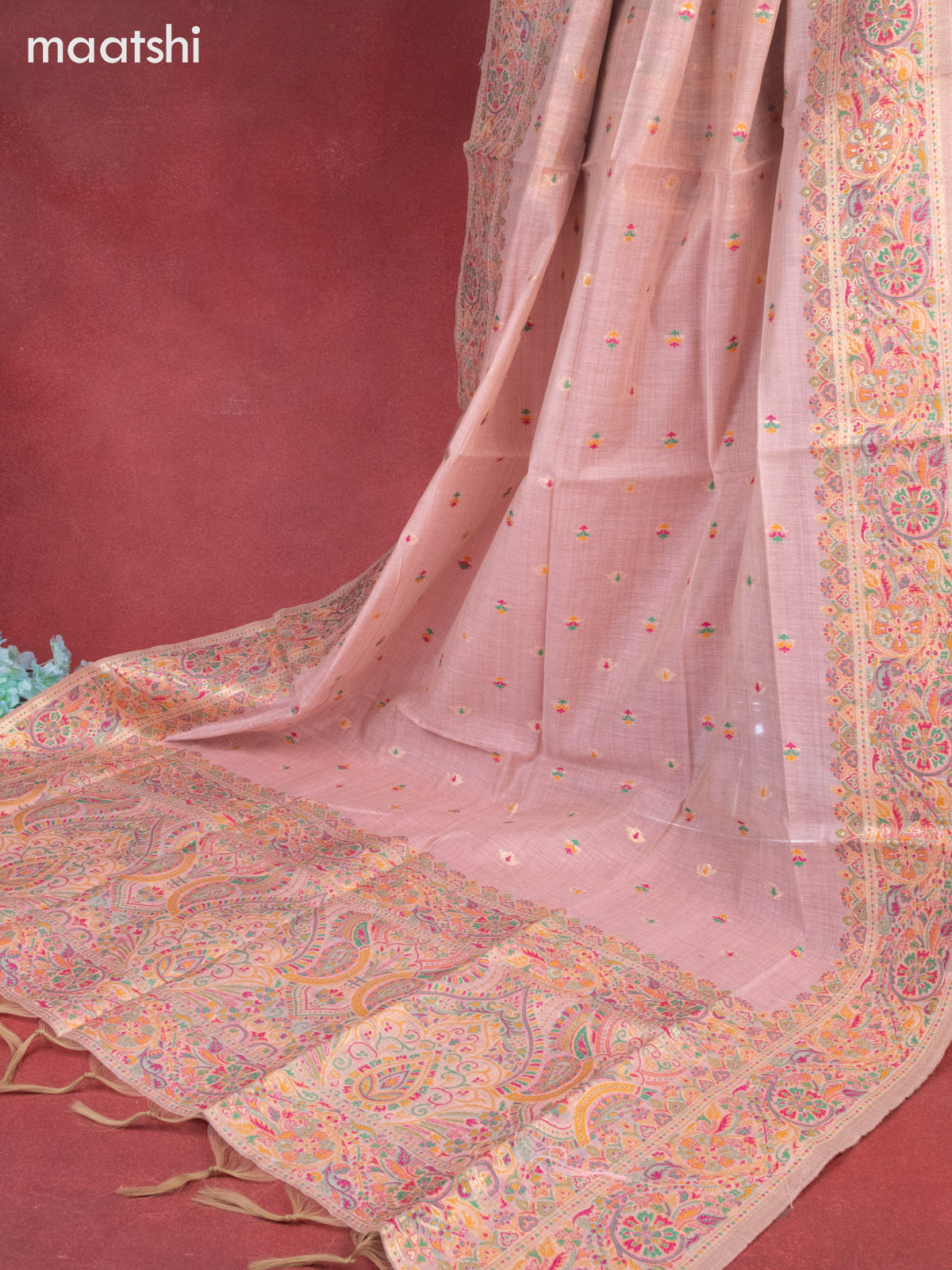 Munga cotton dress material peach pink with woven buttas & beaded sequin work neck pattern and bottom & thread zari dupatta
