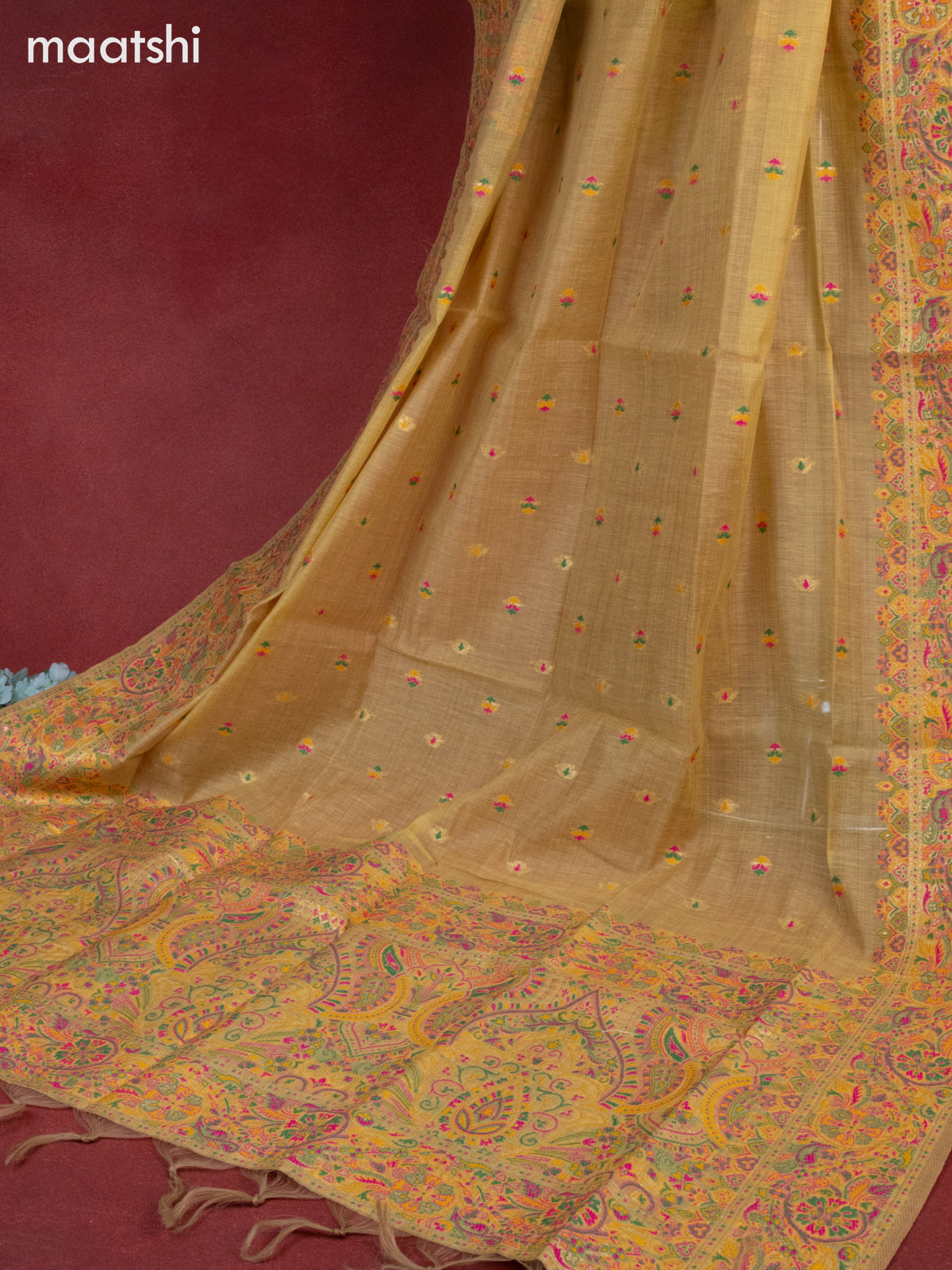 Munga cotton dress material yellow shade with woven buttas & beaded sequin work neck pattern and bottom & thread zari dupatta
