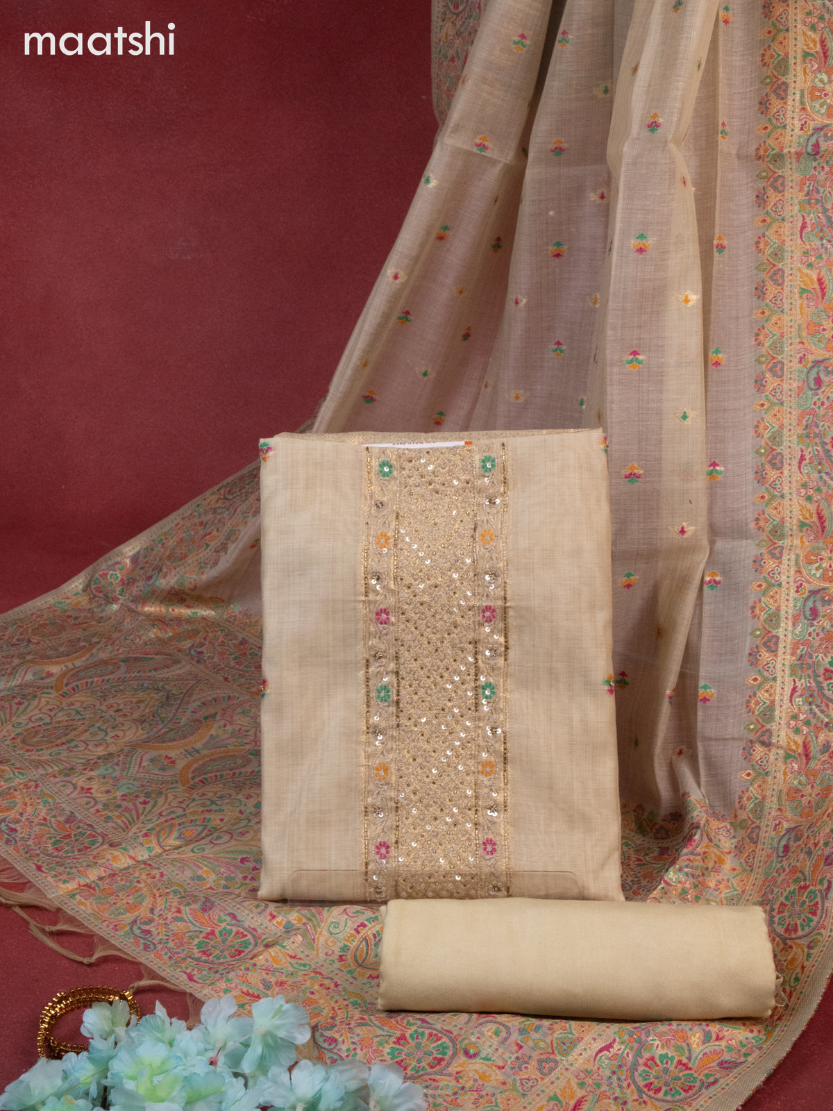 Munga cotton dress material beige with woven buttas & beaded sequin work neck pattern and bottom & thread zari dupatta