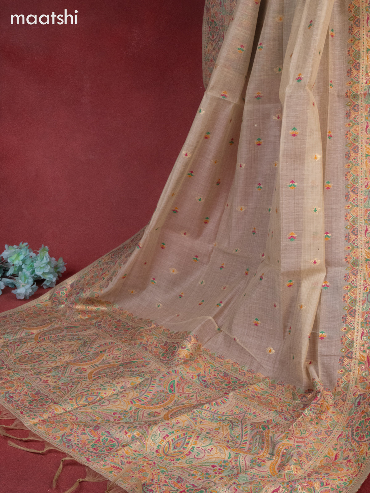 Munga cotton dress material beige with woven buttas & beaded sequin work neck pattern and bottom & thread zari dupatta