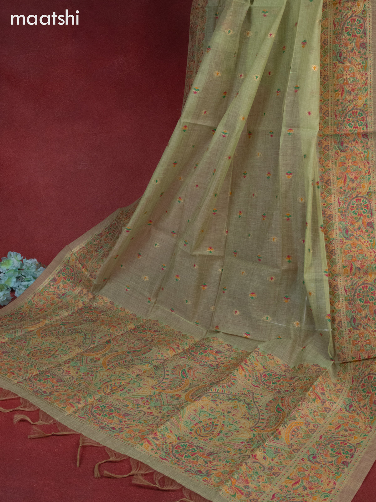 Munga cotton dress material pista green with woven buttas & beaded sequin work neck pattern and bottom & thread zari dupatta