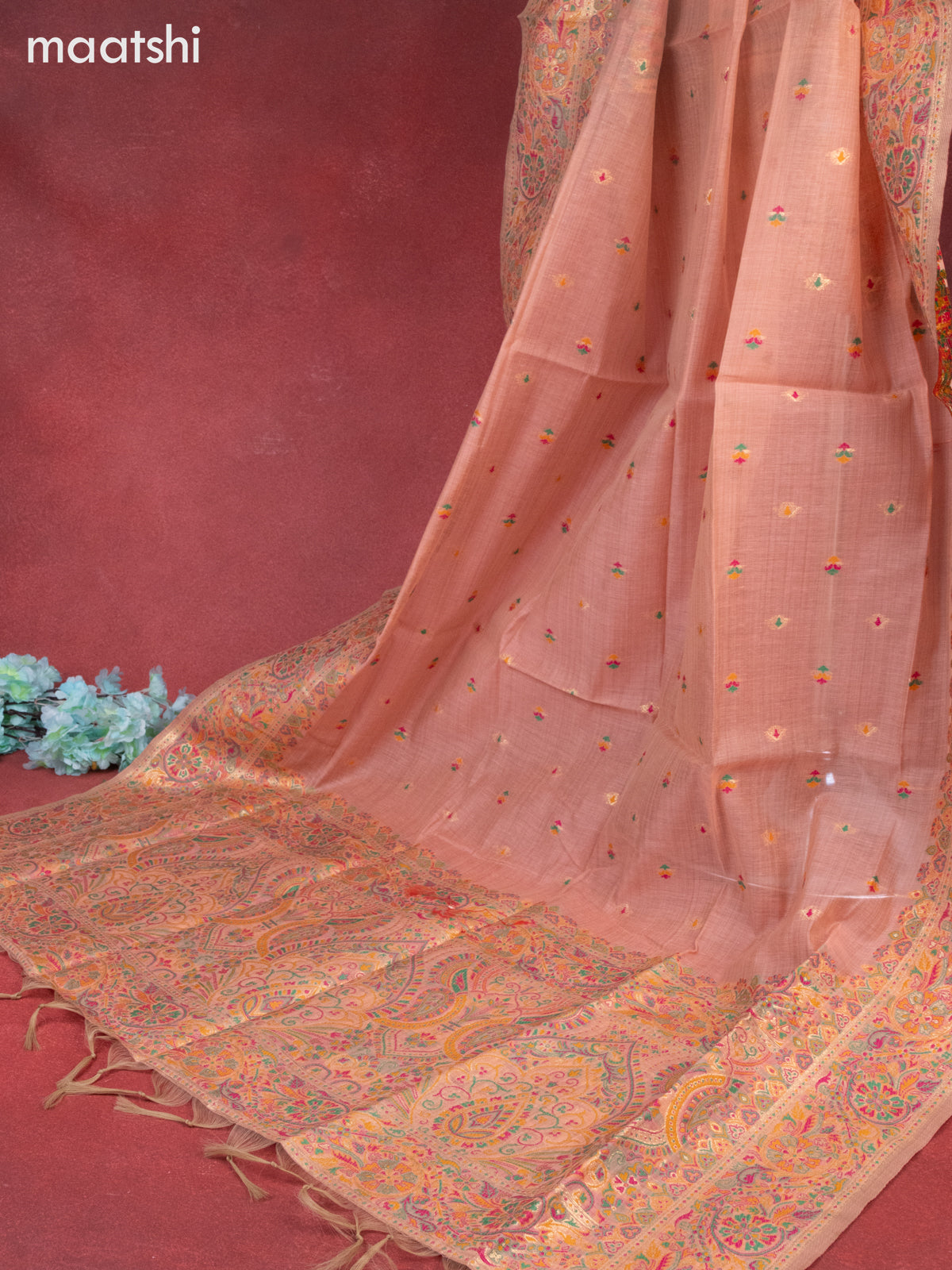 Munga cotton dress material peach shade with woven buttas & beaded sequin work neck pattern and bottom & thread zari dupatta