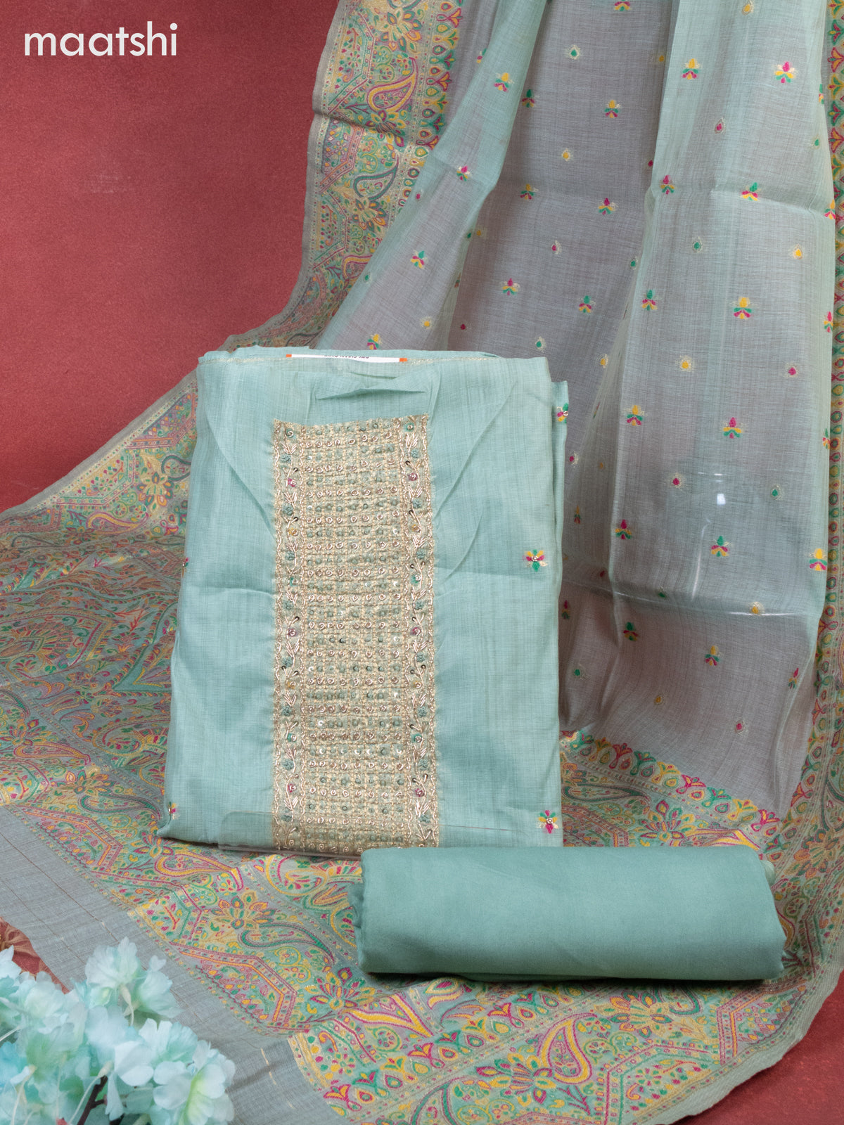 Munga cotton dress material teal shade with woven buttas & beaded zardosi work neck pattern and bottom & thread zari dupatta