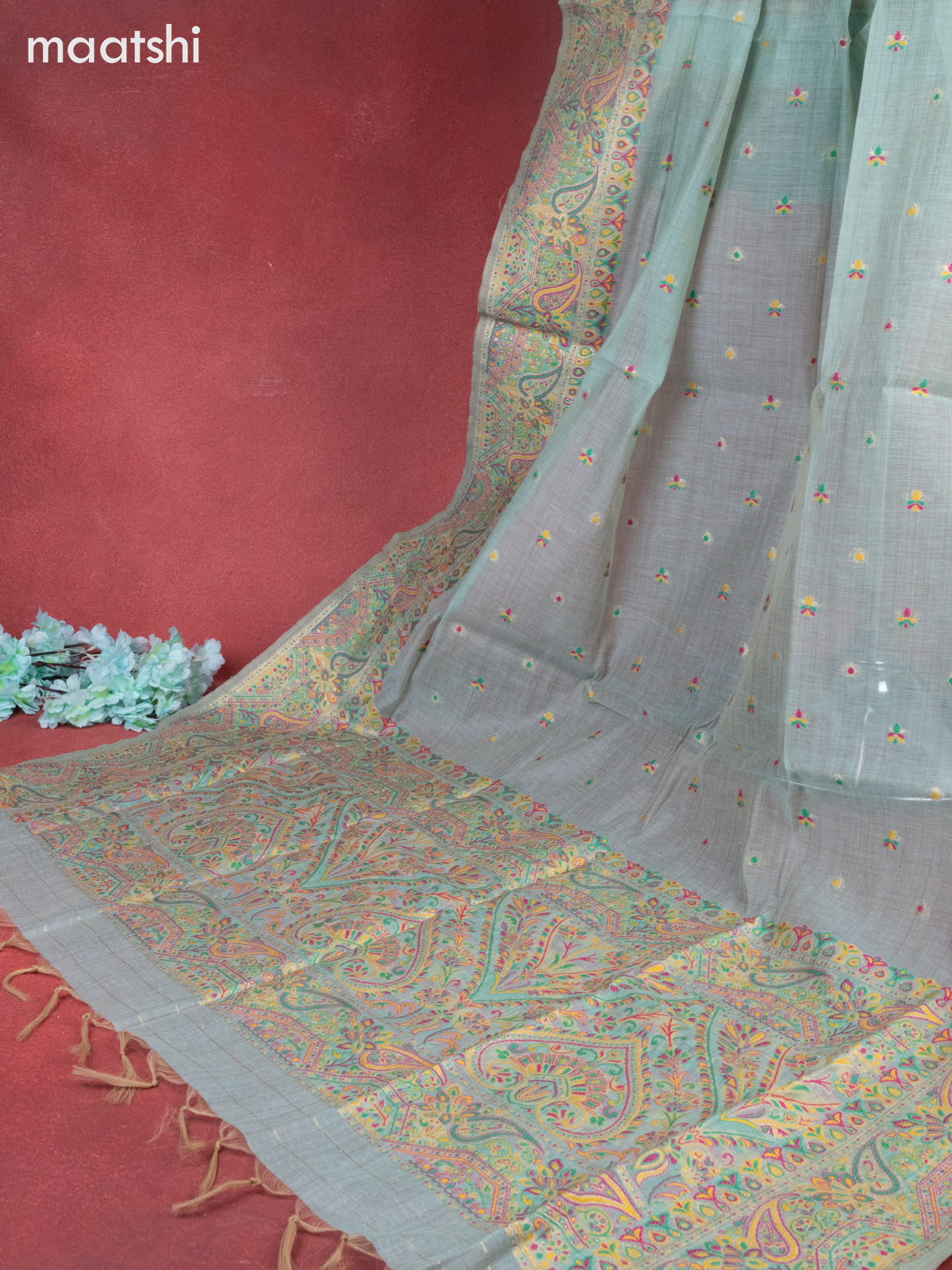 Munga cotton dress material teal shade with woven buttas & beaded zardosi work neck pattern and bottom & thread zari dupatta