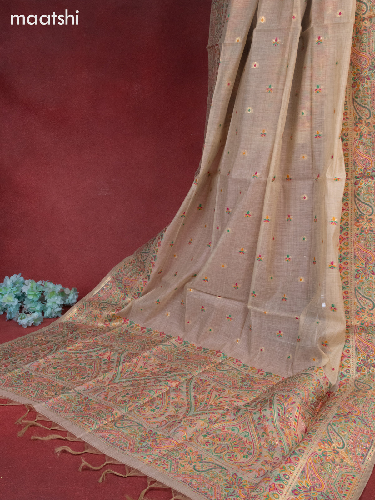 Munga cotton dress material beige with woven buttas & beaded zardosi work neck pattern and bottom & thread zari dupatta