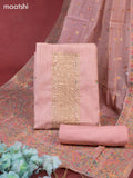 Munga cotton dress material peach pink shade with woven buttas & beaded zardosi work neck pattern and bottom & thread zari dupatta