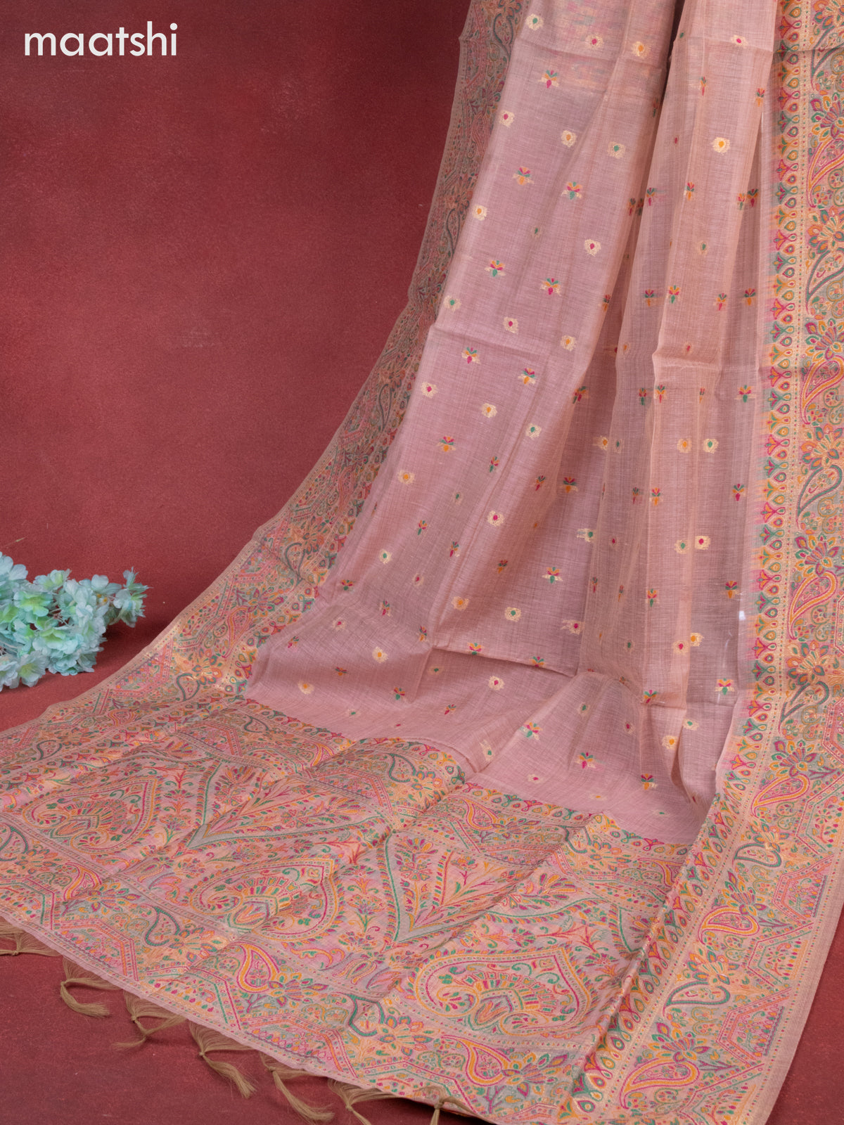 Munga cotton dress material peach pink shade with woven buttas & beaded zardosi work neck pattern and bottom & thread zari dupatta