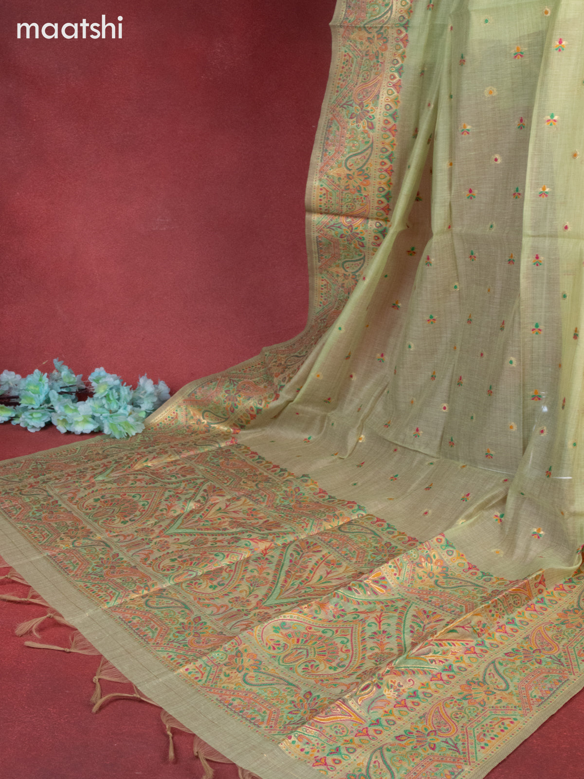 Munga cotton dress material pista green with woven buttas & beaded zardosi work neck pattern and bottom & thread zari dupatta