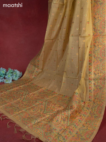 Munga cotton dress material yellow shade with woven buttas & beaded zardosi work neck pattern and bottom & thread zari dupatta